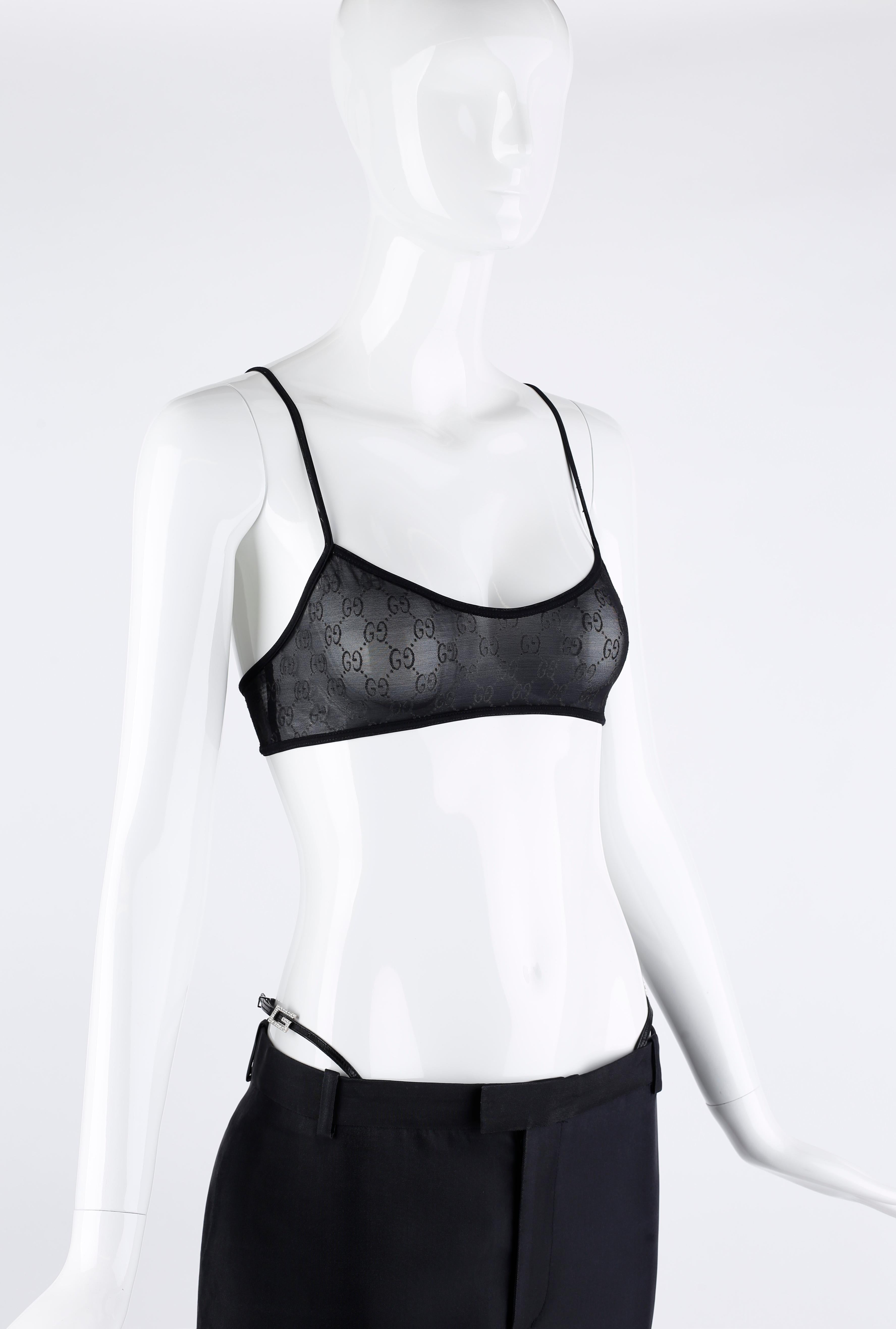 Black Gucci Tom Ford S/S 1998 Swarovski Crystal G-String Pencil Skirt GG Monogram Bra