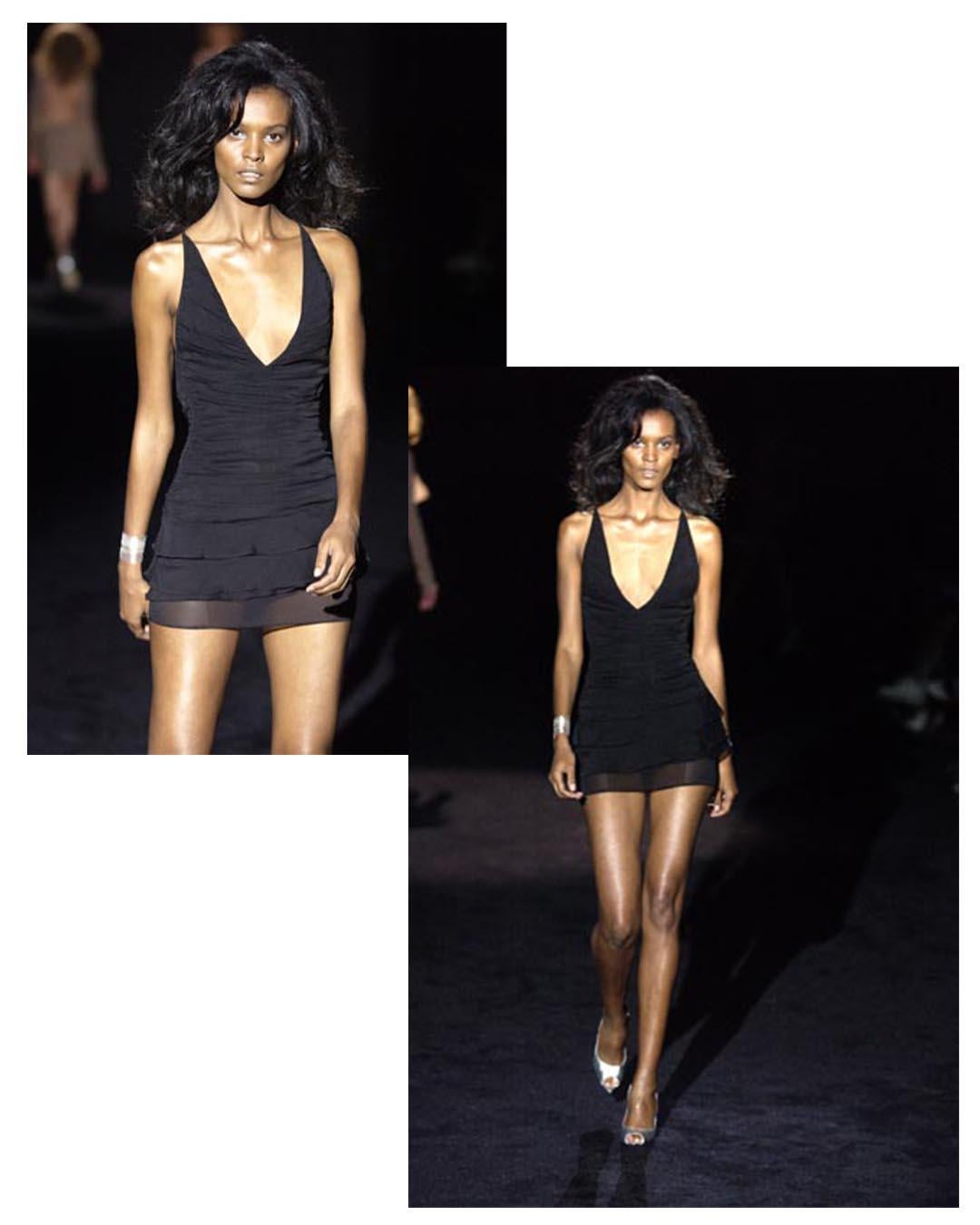 Gucci Tom Ford S/S 2003 black ruffle plunging neckline backless silk mini dress For Sale 11