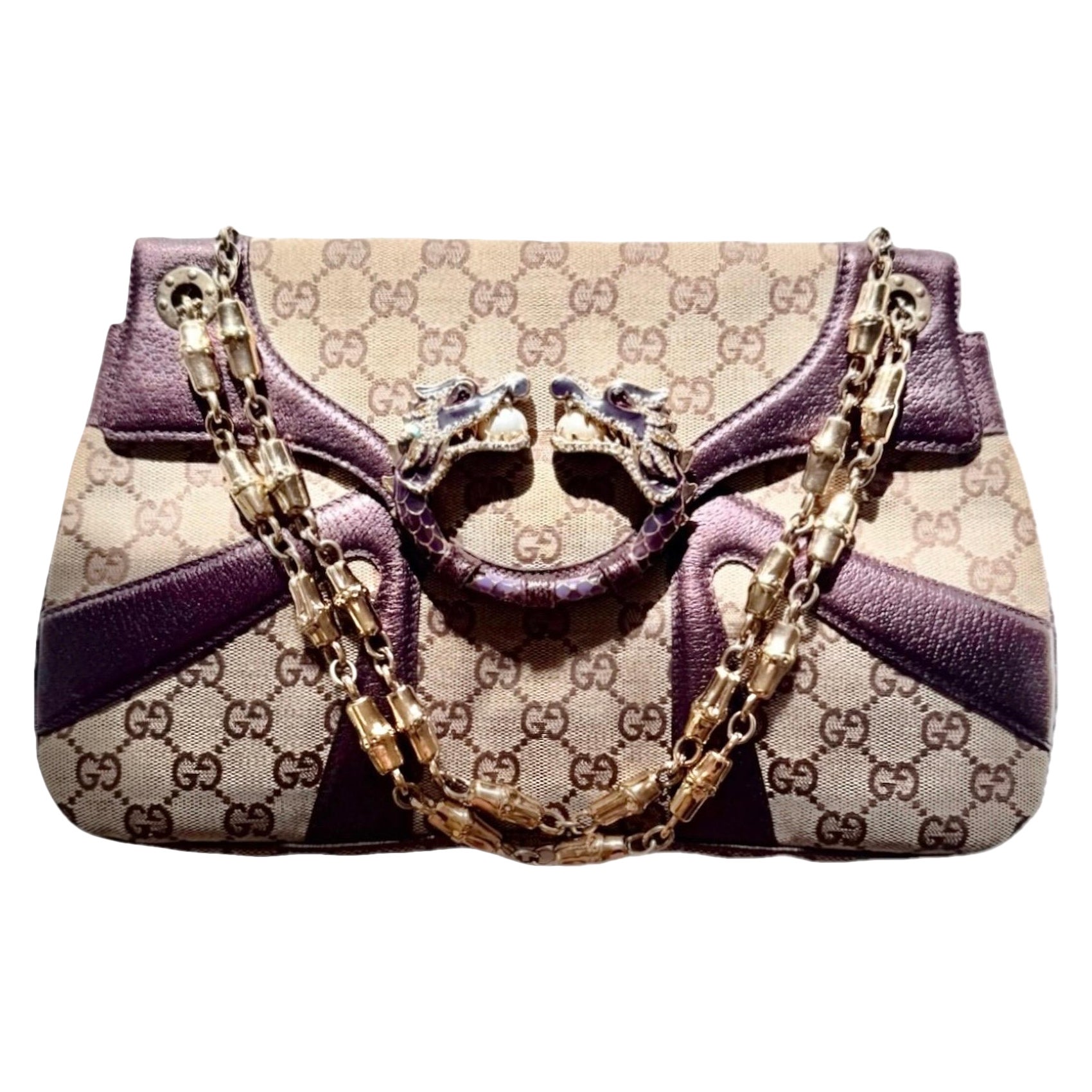 GUCCI Tom Ford Vintage 2004 Jewell Dragon GG Borsa in tela, pelle e catena di bambù