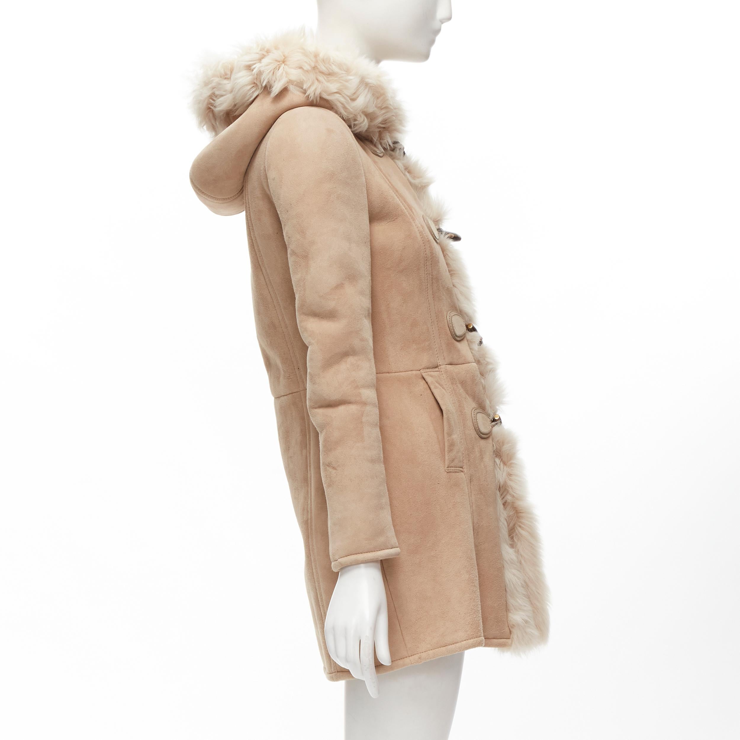Women's GUCCI Tom Ford Vintage beige sheep shearling suede hooded duffle coat IT36 XXS