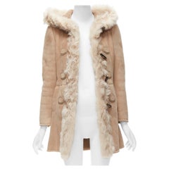 GUCCI Tom Ford Vintage beige sheep shearling suede hooded duffle coat IT36 XXS