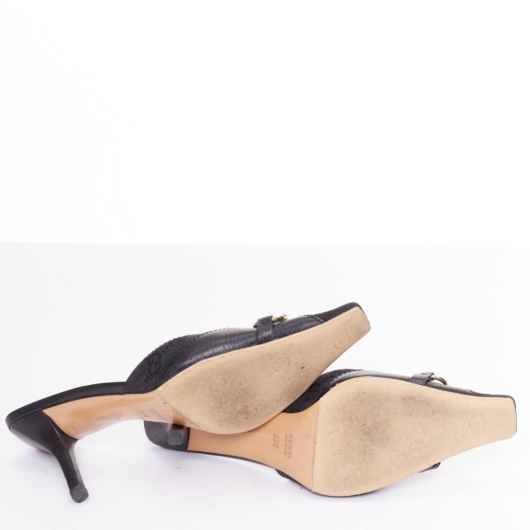 GUCCI Tom Ford Vintage black canvas monogram GG gold horsebit mule pumps EU37 6