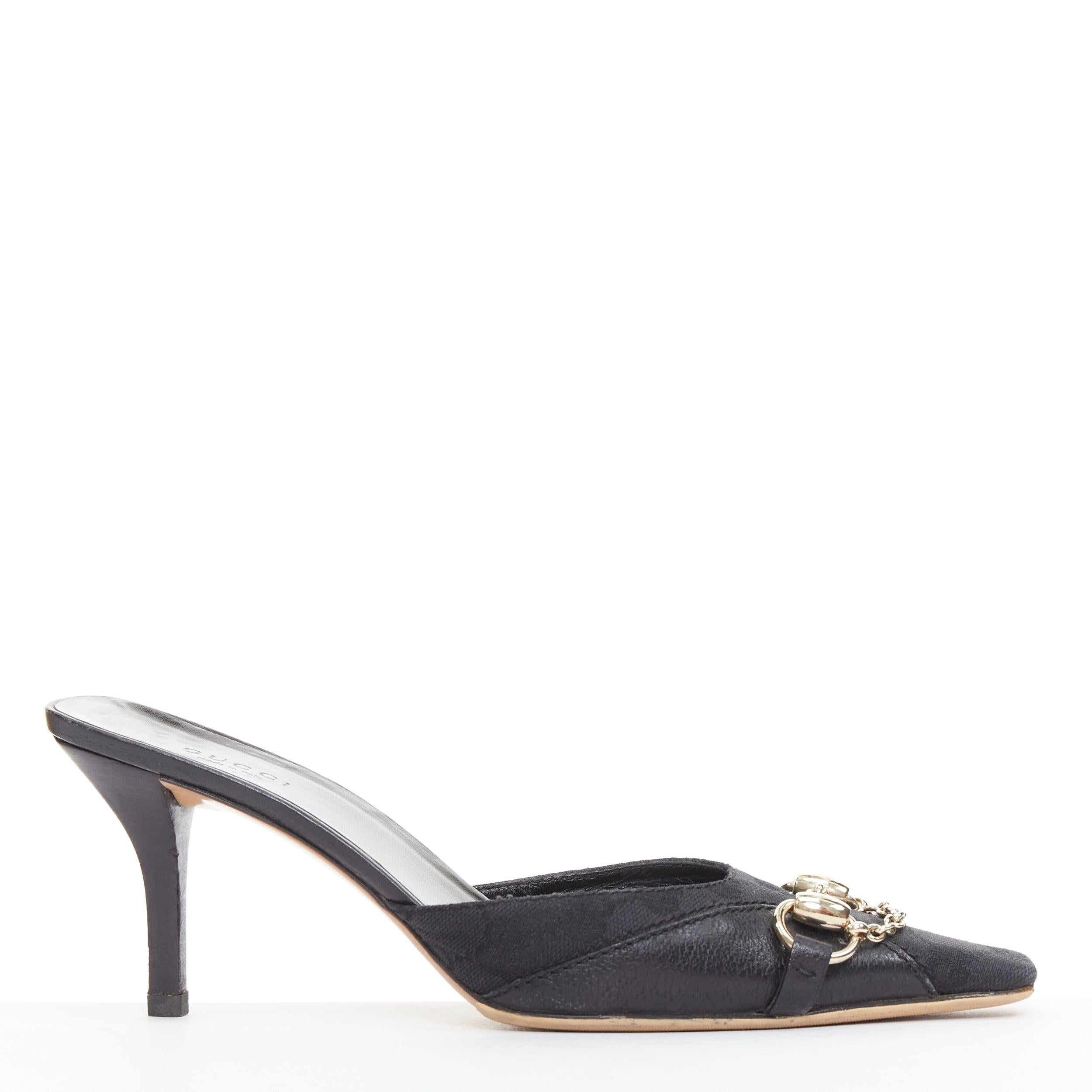 Black GUCCI Tom Ford Vintage black canvas monogram GG gold horsebit mule pumps EU37