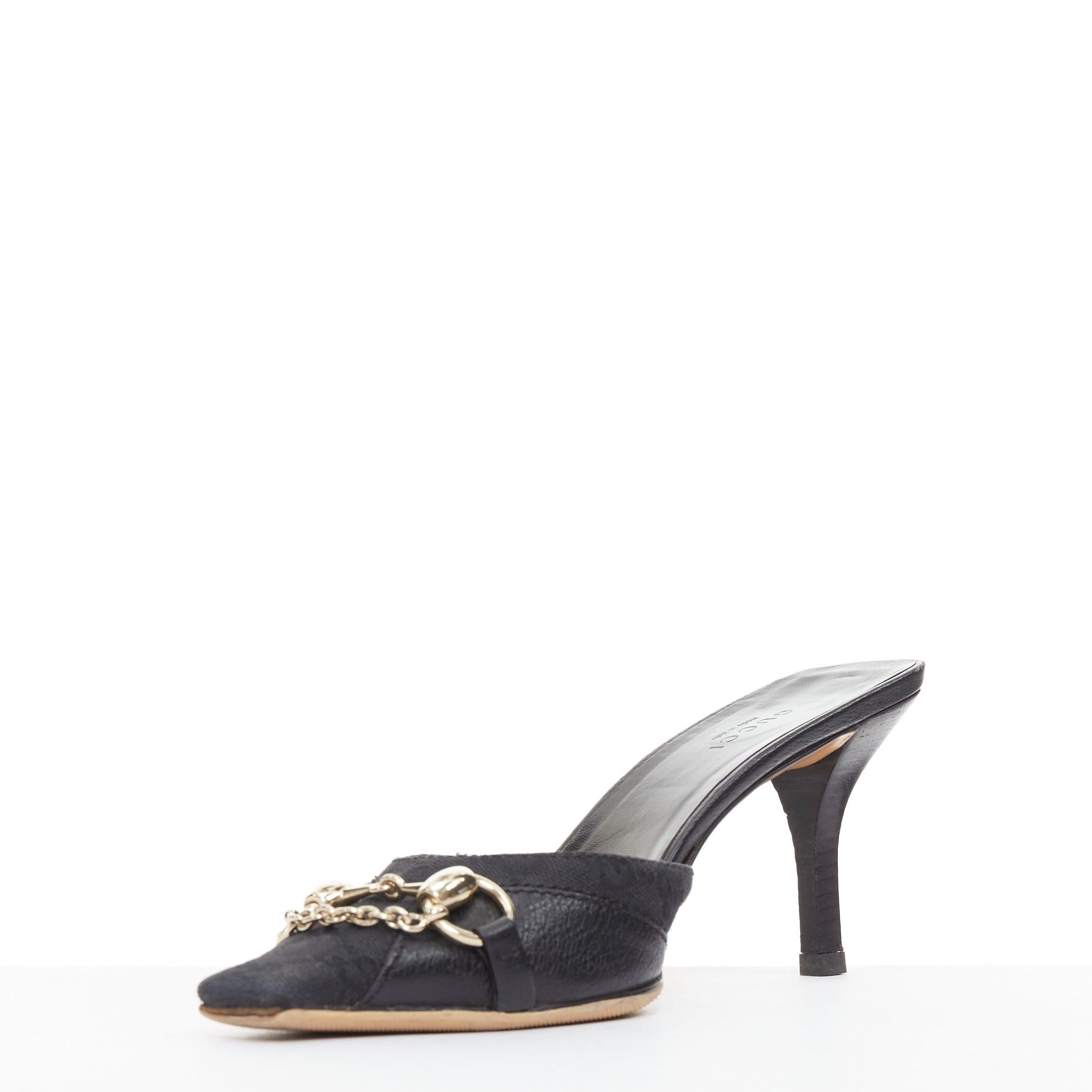 Women's GUCCI Tom Ford Vintage black canvas monogram GG gold horsebit mule pumps EU37