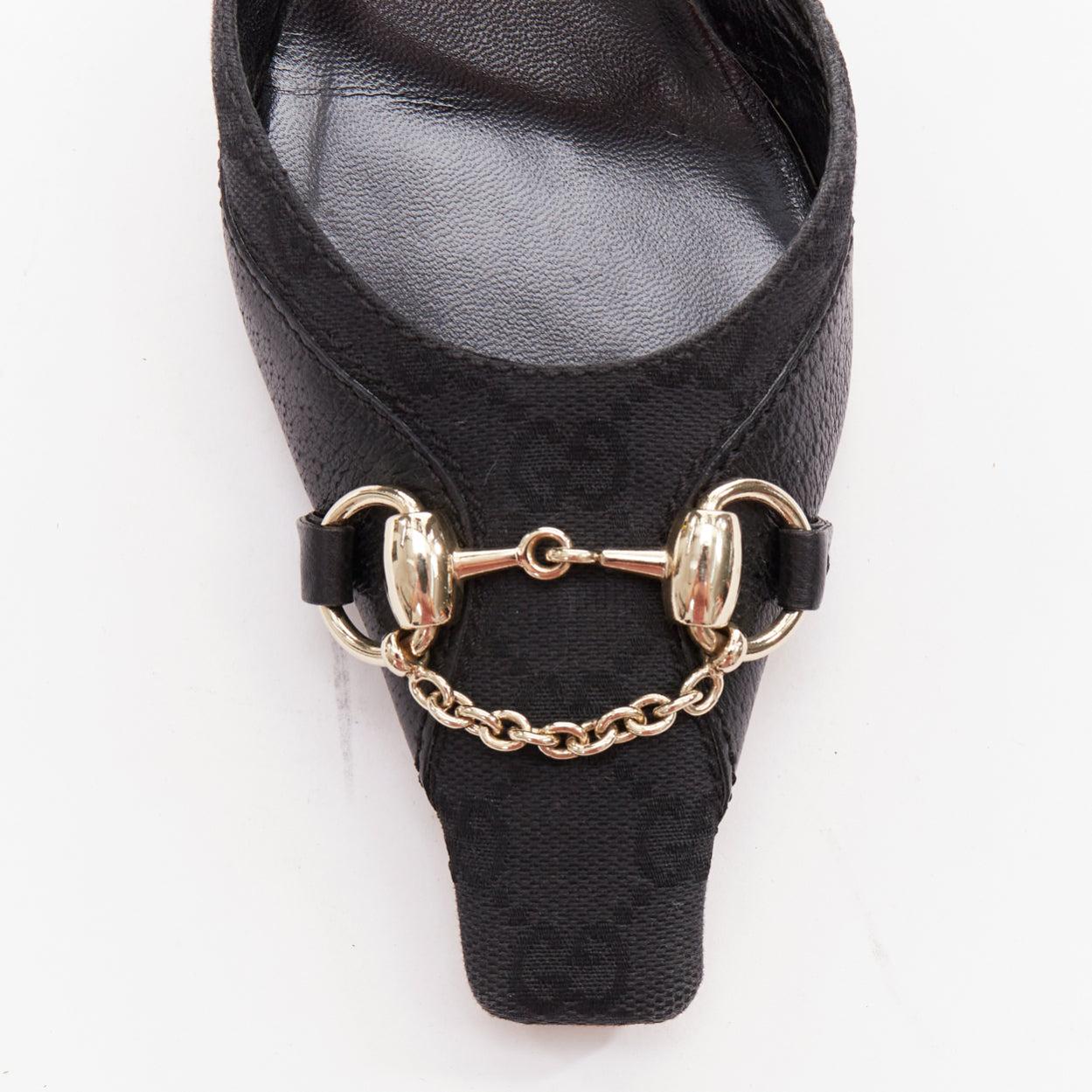 GUCCI Tom Ford Vintage black canvas monogram GG gold horsebit mule pumps EU37 2