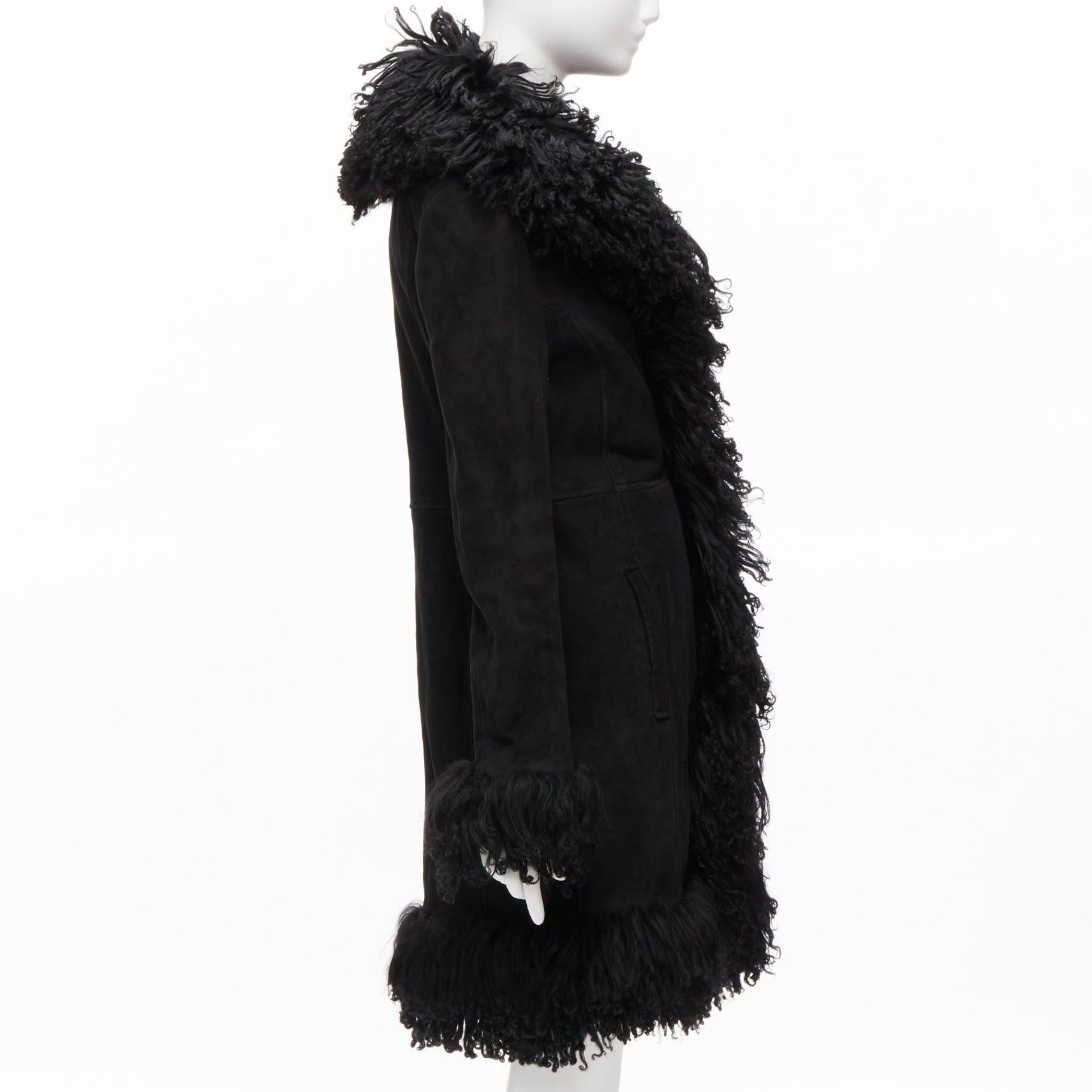 Gucci Tom Ford Vintage manteau en cuir velours noir garni de shearling d'agneau S en vente 1