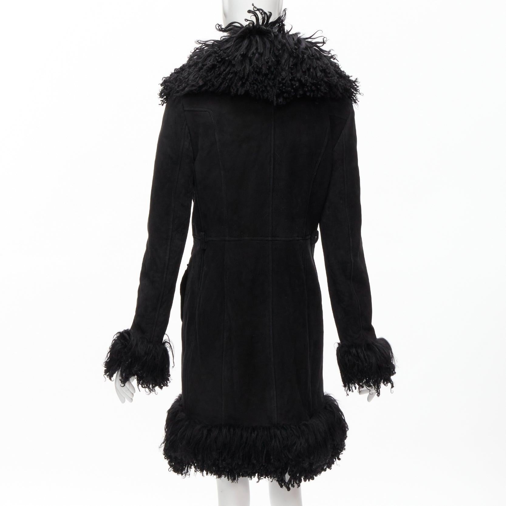 GUCCI Tom Ford Vintage black lamb shearling trim suede leather coat S 2