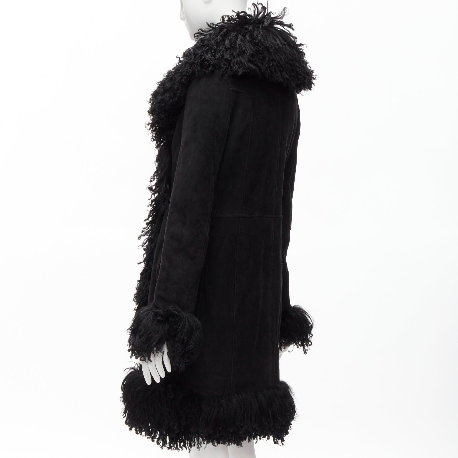 GUCCI Tom Ford Vintage black lamb shearling trim suede leather coat S 3