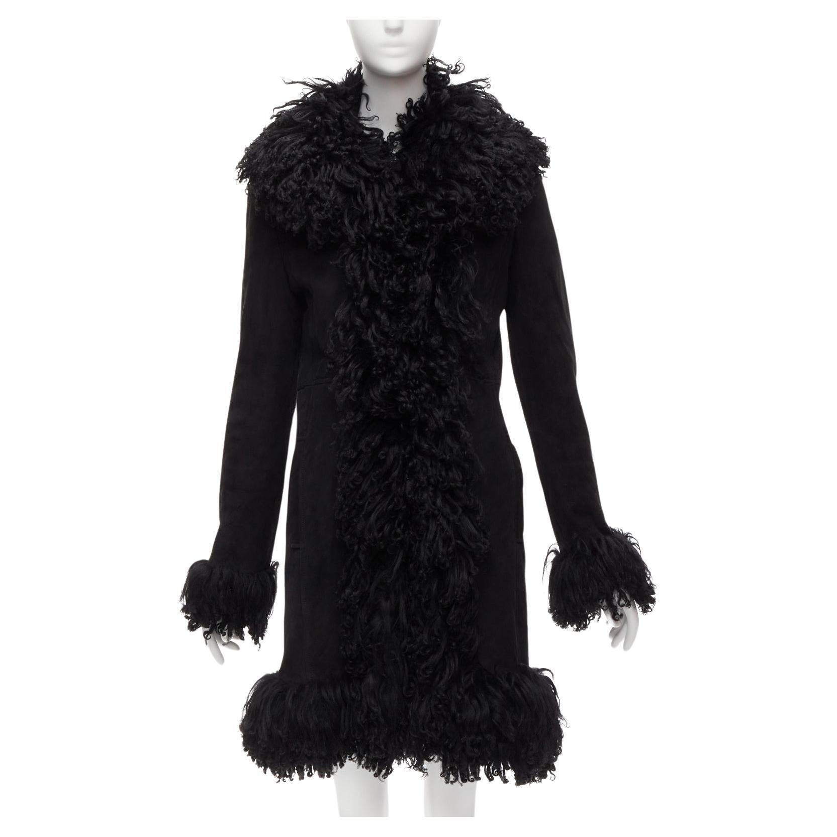 Gucci Tom Ford Vintage manteau en cuir velours noir garni de shearling d'agneau S en vente