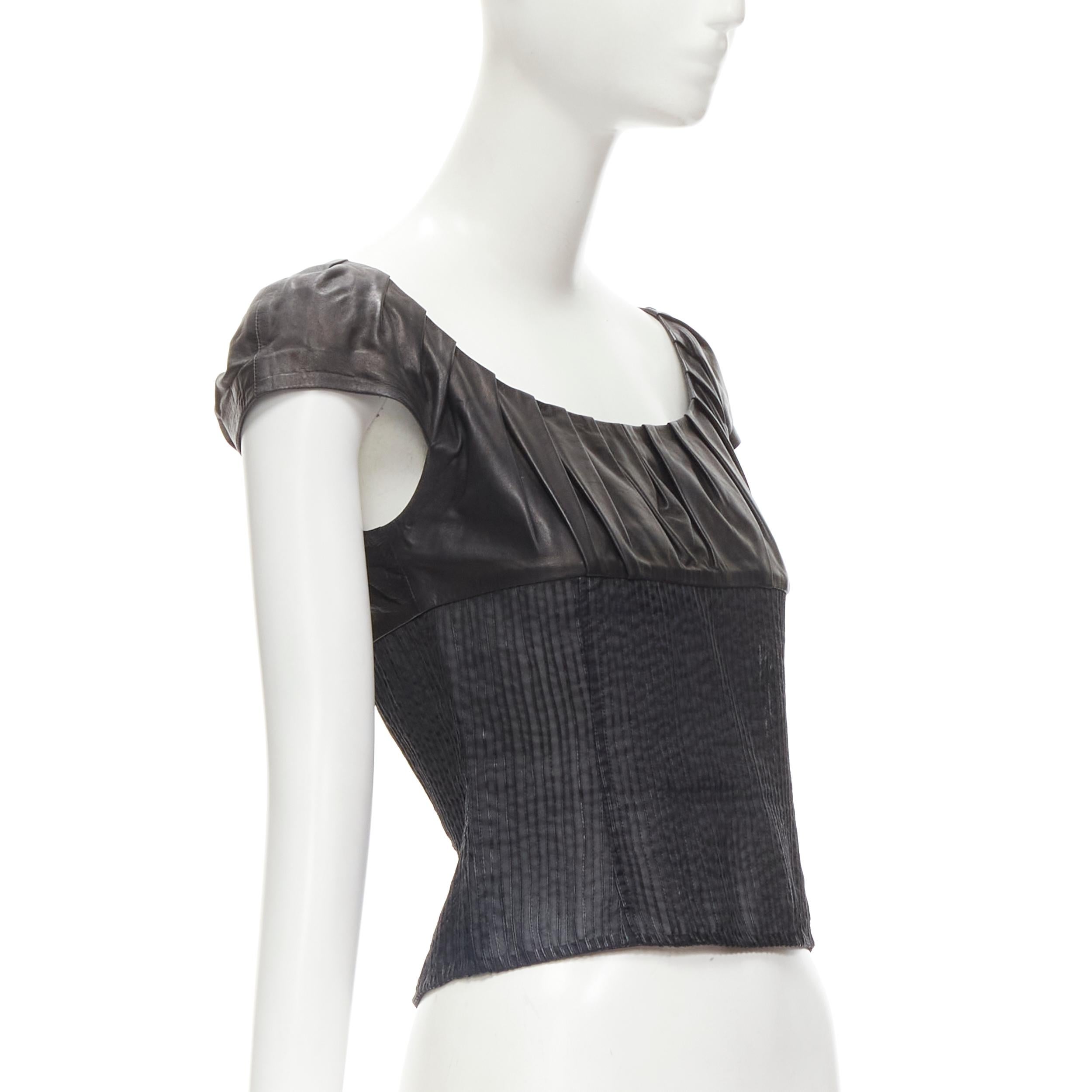 Black GUCCI TOM FORD Vintage black leather cap pleated sheer waist top S