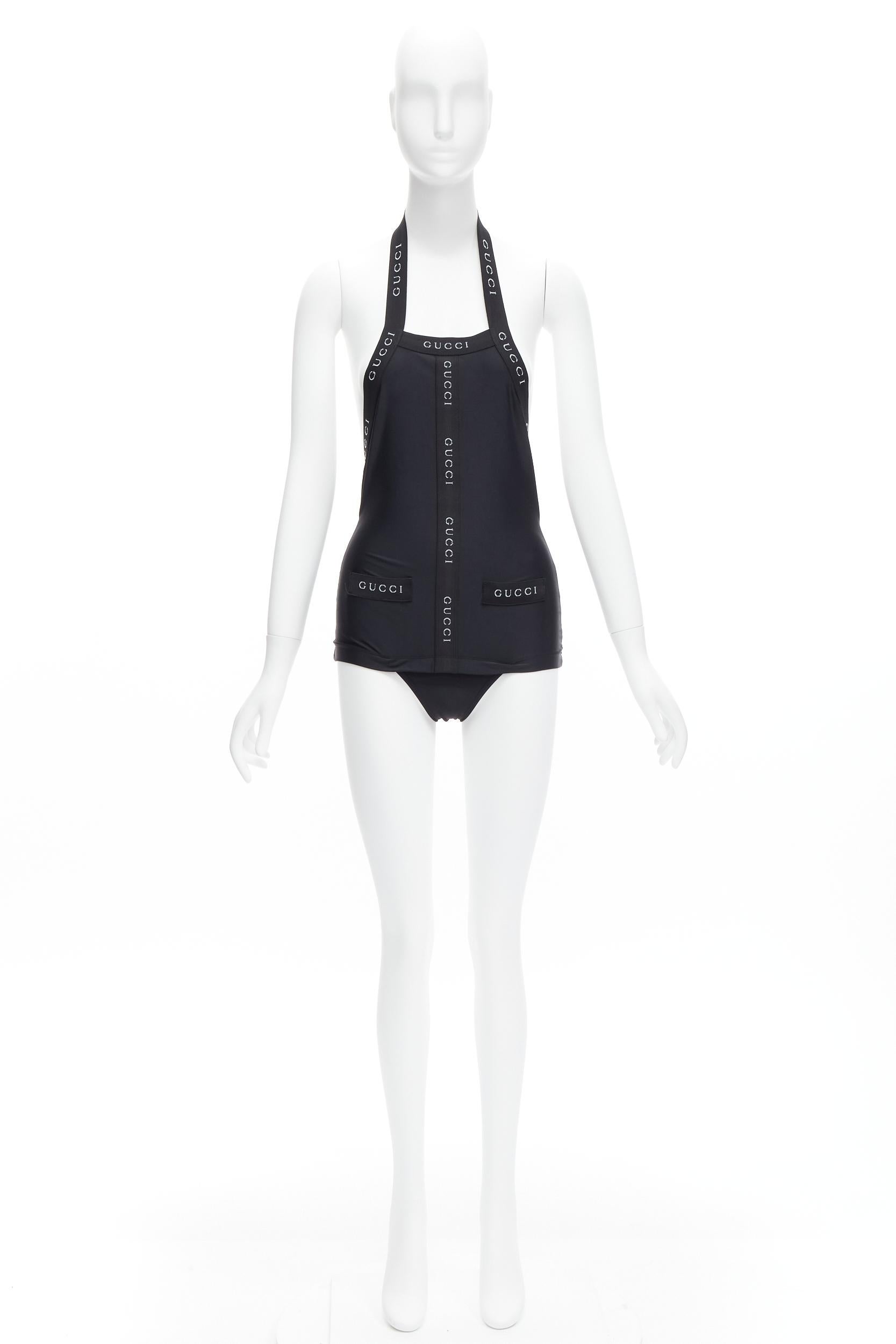 GUCCI Tom Ford Vintage black logo trim halter layered one piece swimwear XS For Sale 6