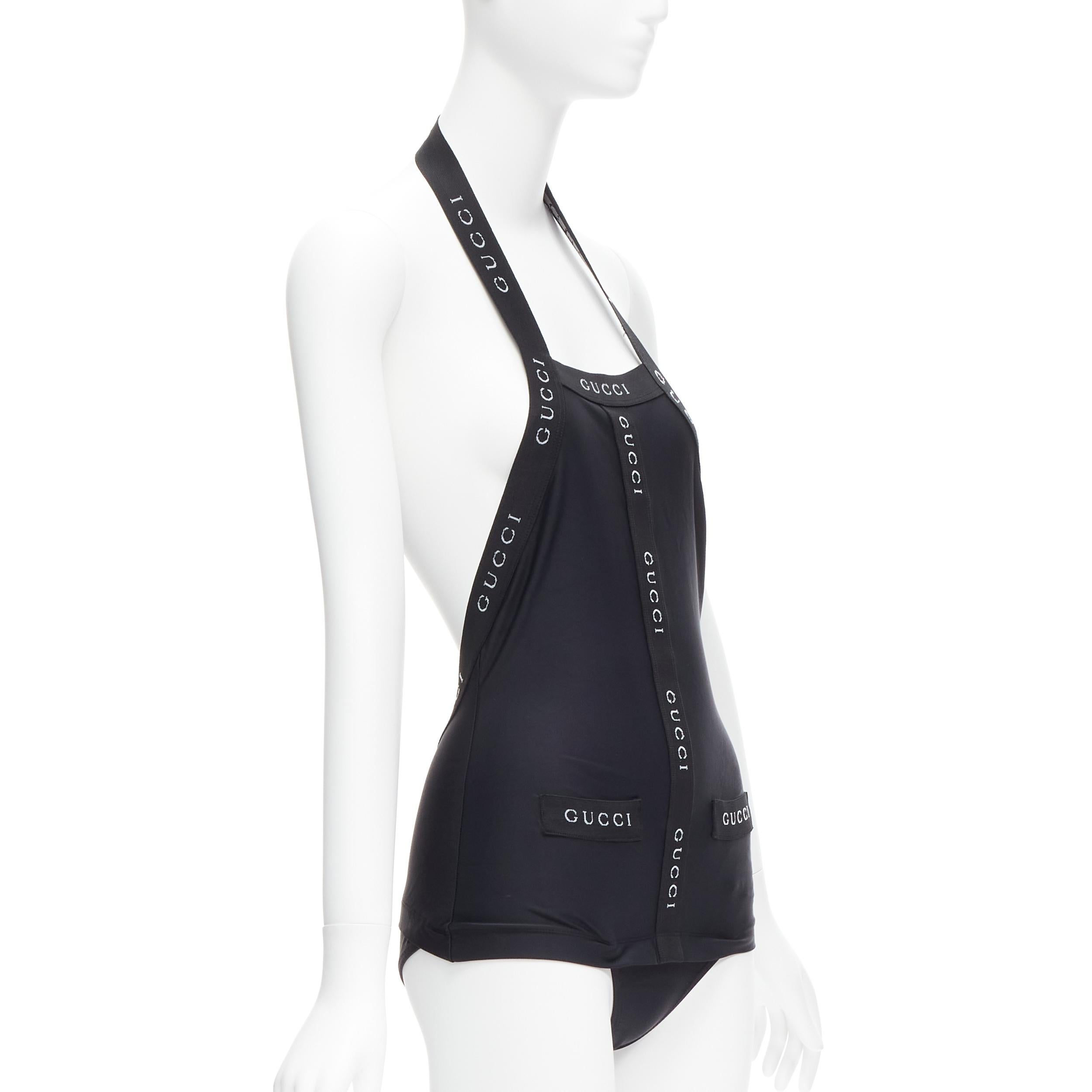 GUCCI Tom Ford Vintage black logo trim halter layered one piece swimwear XS In Excellent Condition For Sale In Hong Kong, NT