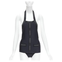 GUCCI Tom Ford Vintage black logo trim halter layered one piece swimwear XS