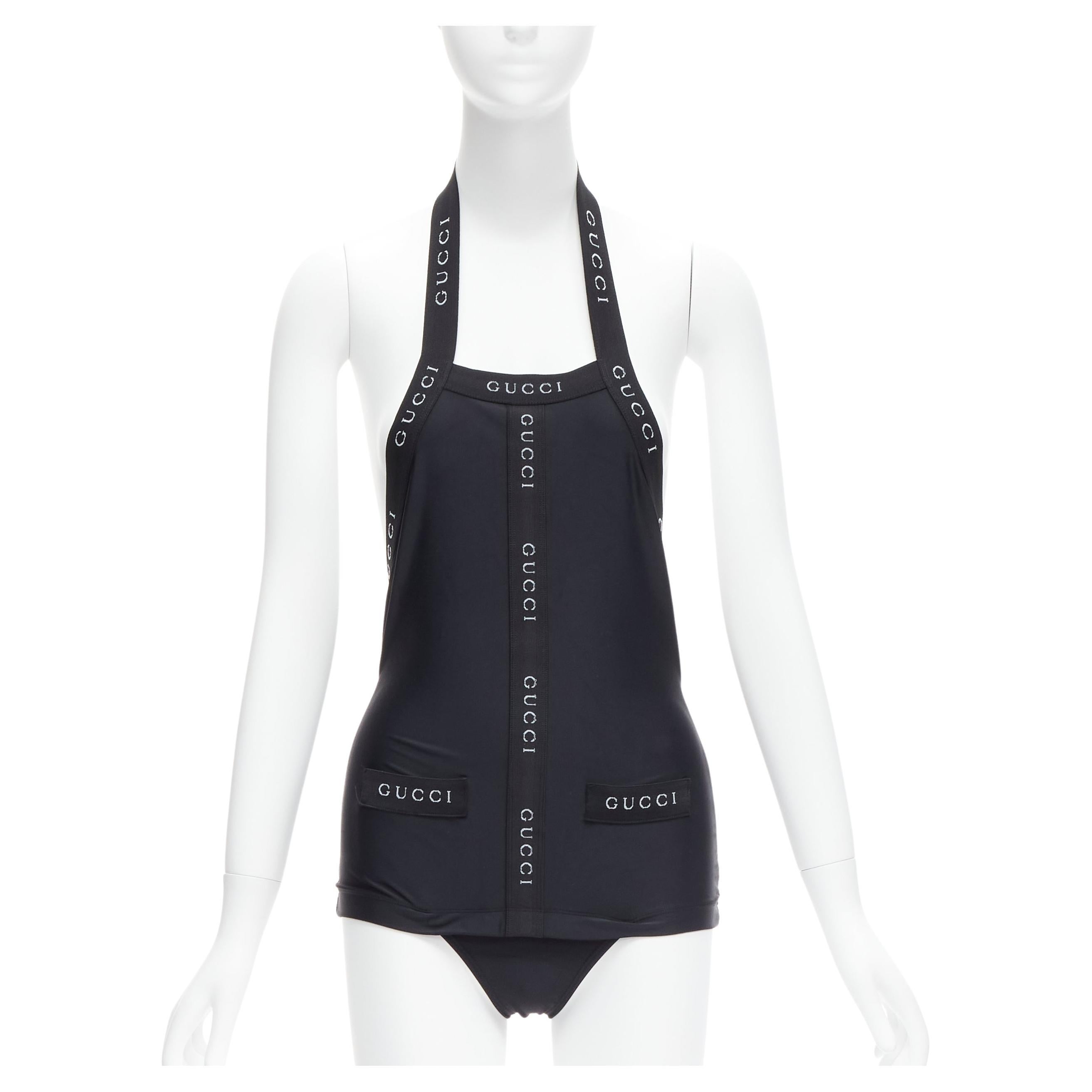 GUCCI Tom Ford Vintage black logo trim halter layered one piece swimwear XS For Sale