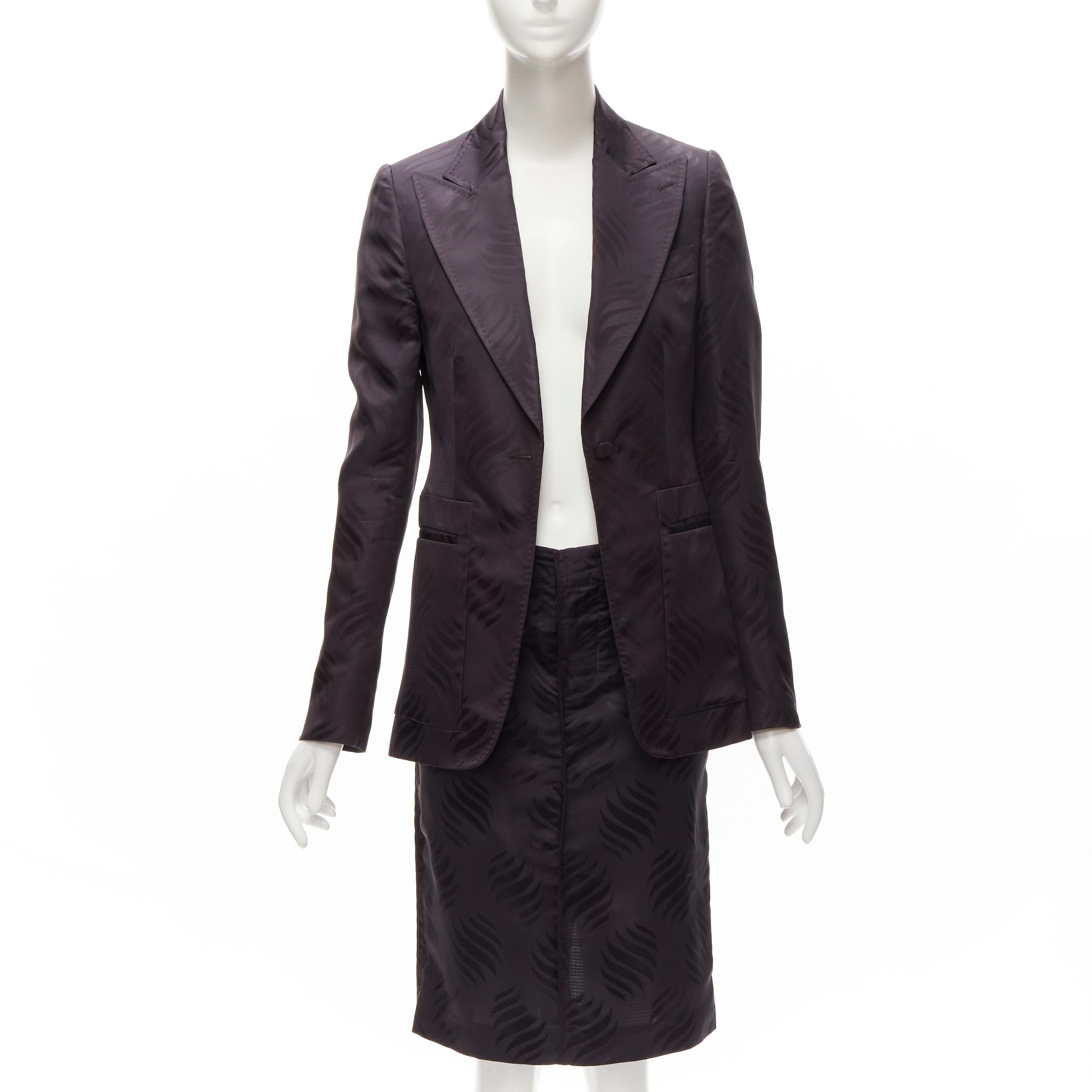Black GUCCI Tom Ford Vintage black oriental leaf jacquard blazer skirt suit IT38 XS For Sale