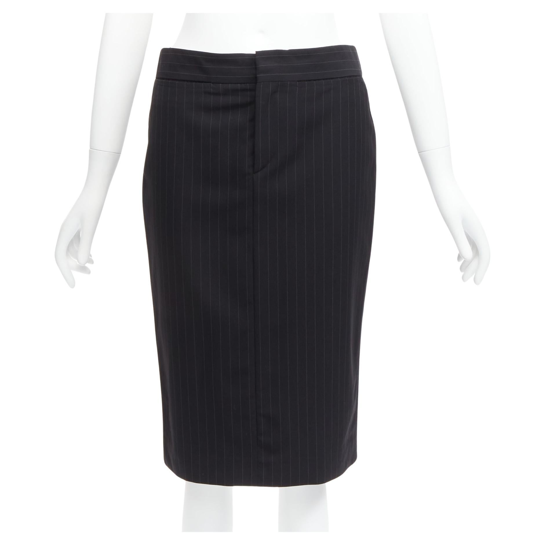 GUCCI Tom Ford Vintage black pinstripe 100% wool mid waist pencil skirt IT40 S For Sale