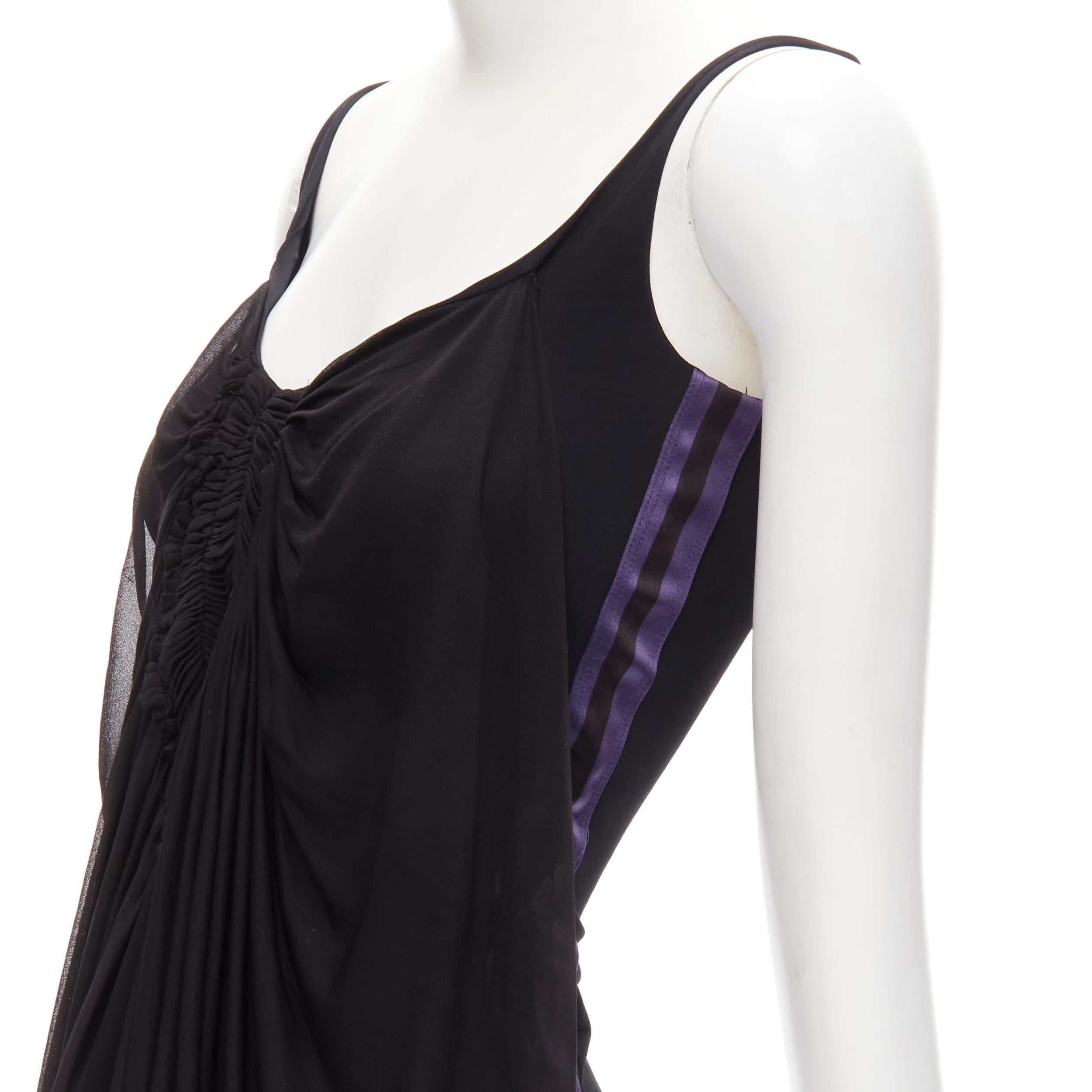 GUCCI TOM FORD Vintage black ruched gathered draped purple web tank XS 
Reference: ANWU/A00602 
Brand: Gucci 
Designer: Tom Ford 
Material: Feels like rayon, silk 
Color: Black 
Pattern: Solid 
Extra Detail: Scoop neckline. Sheer gathered pleat