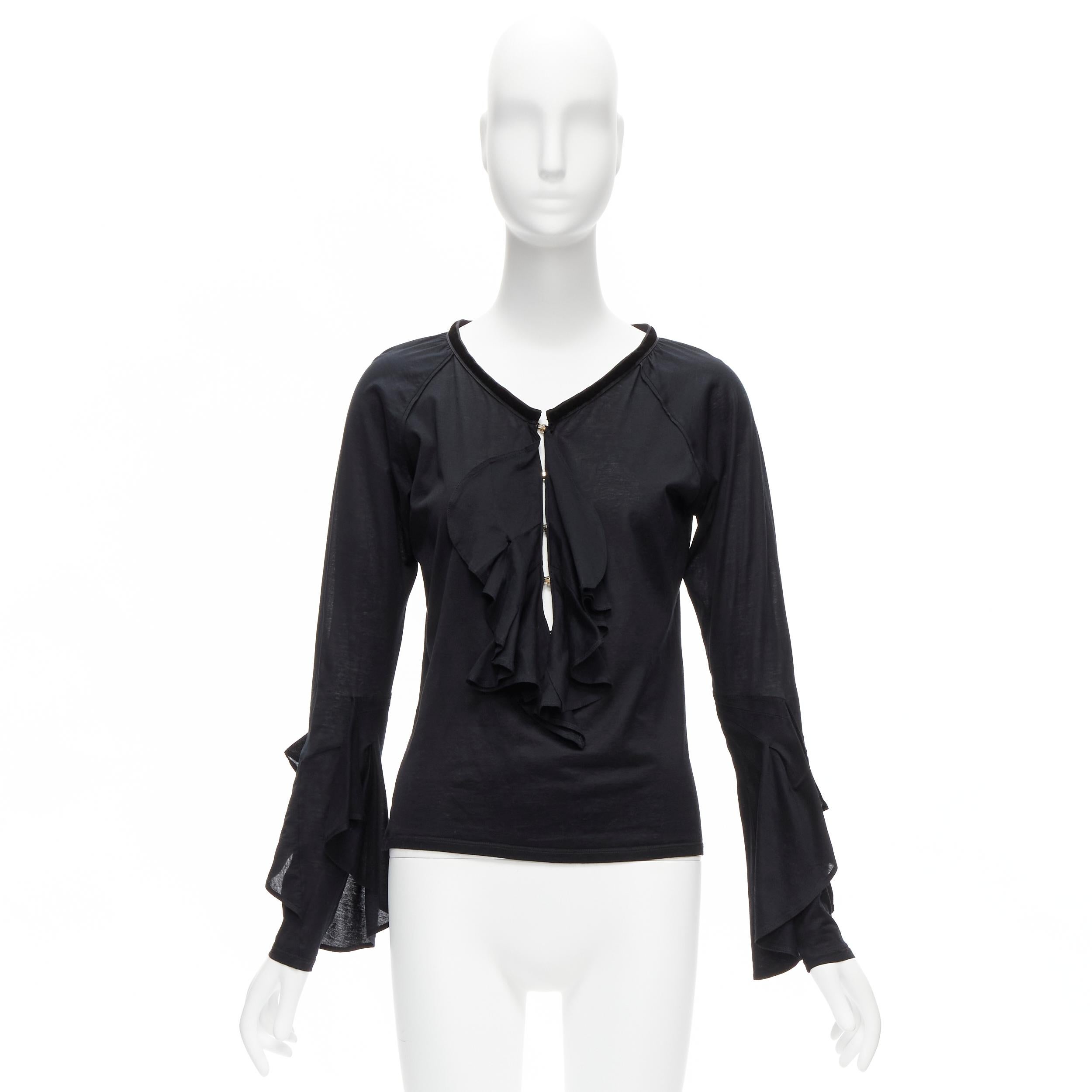 GUCCI Tom Ford Vintage black ruffle front velvet trim GG logo bell sleeves top S 5