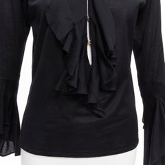 GUCCI Tom Ford Vintage black ruffle front velvet trim GG logo bell sleeves top S