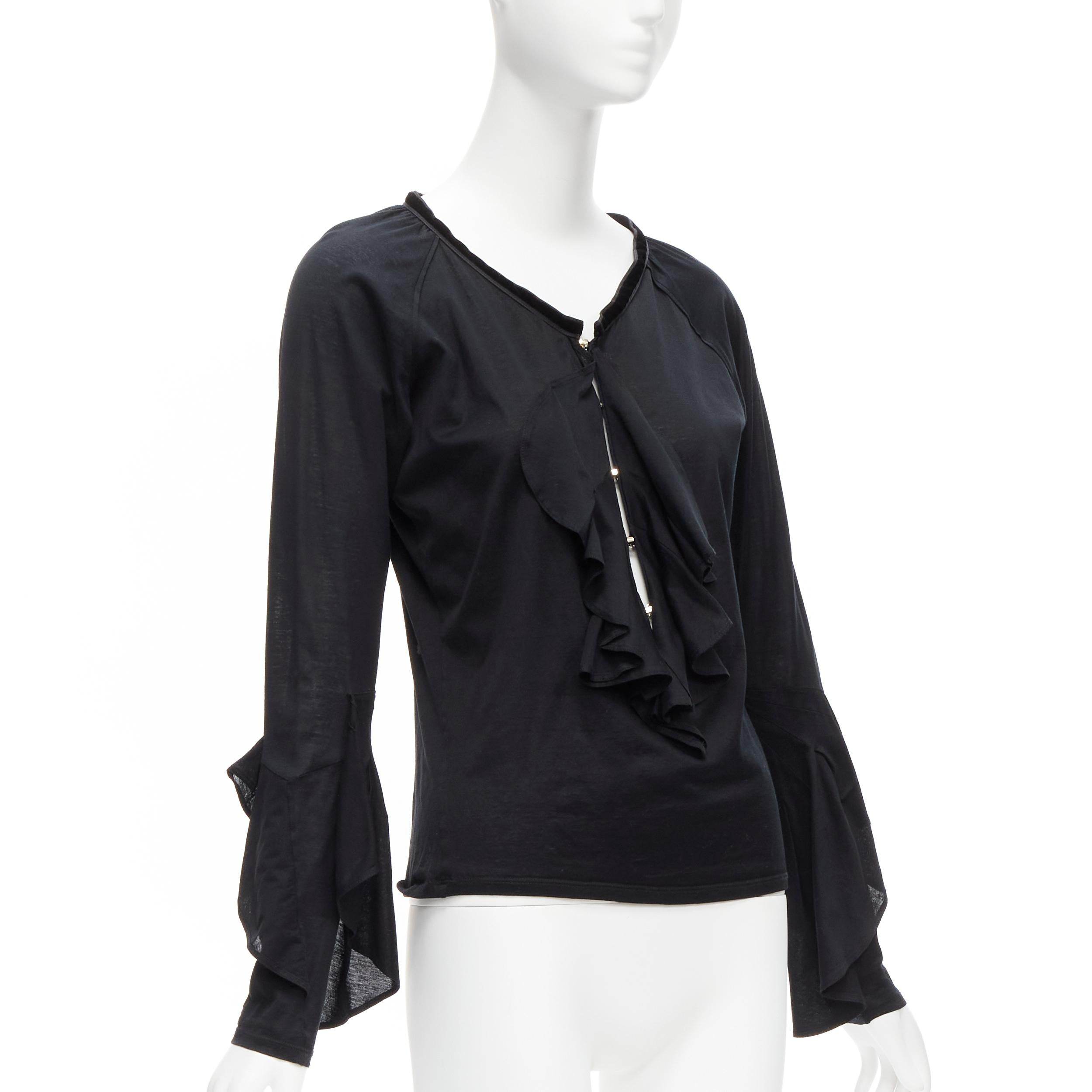 Black GUCCI Tom Ford Vintage black ruffle front velvet trim GG logo bell sleeves top S