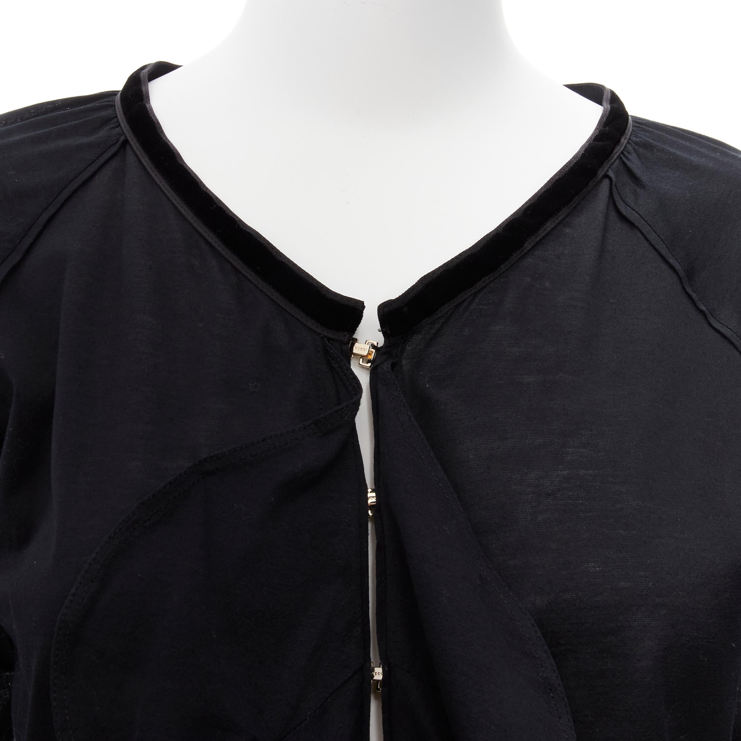GUCCI Tom Ford Vintage black ruffle front velvet trim GG logo bell sleeves top S 2