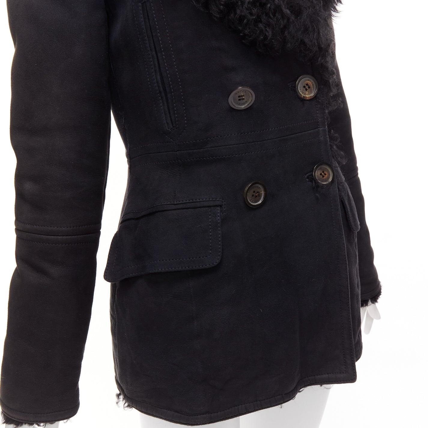 GUCCI Tom Ford Vintage black shearling double breasted coat IT42 M
Reference: CNPG/A00066
Brand: Gucci
Designer: Tom Ford
Material: Suede, Shearling
Color: Black
Pattern: Solid
Closure: Button
Lining: Black Fur
Extra Details: Logo buttons.
Made in: