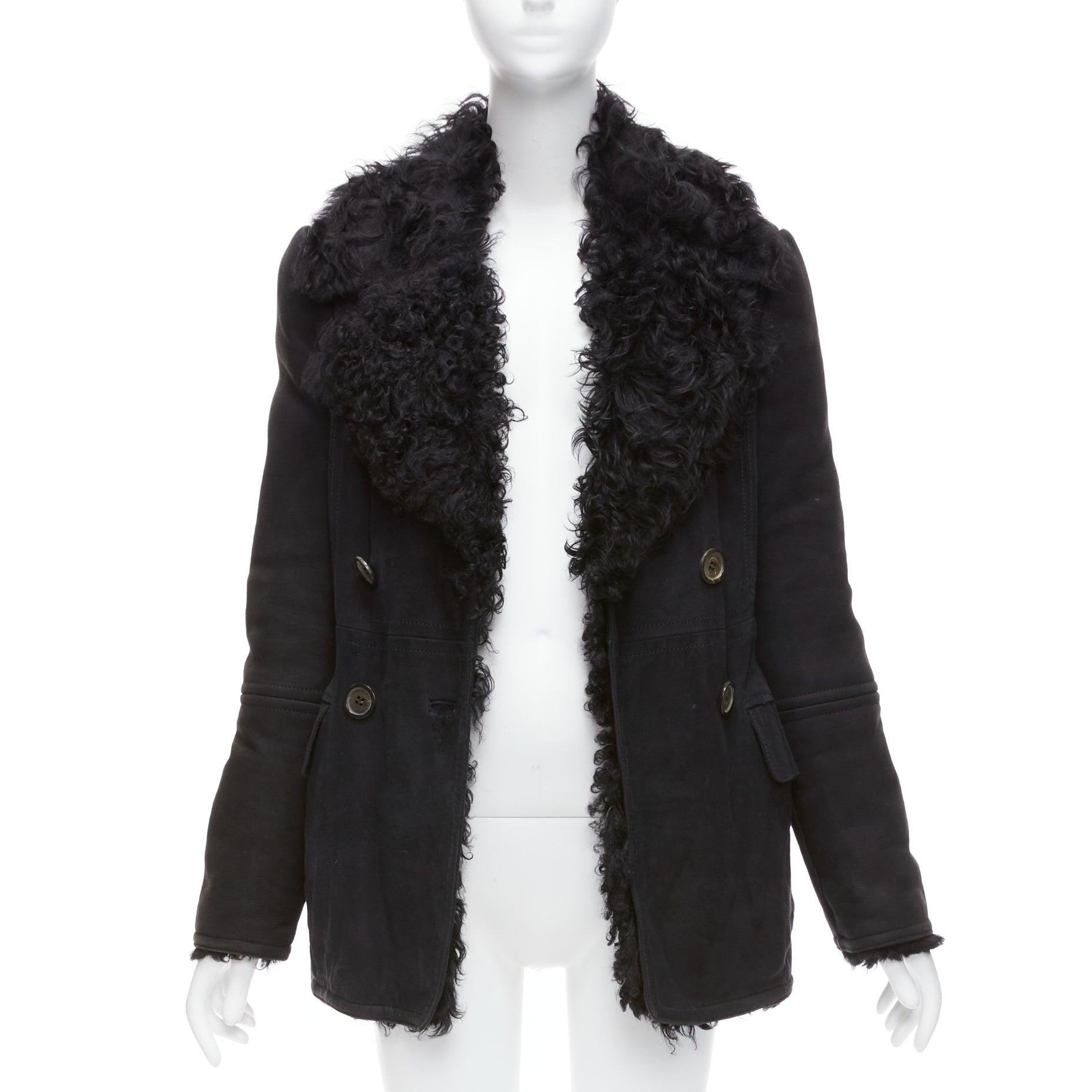 Black GUCCI Tom Ford Vintage black shearling double breasted coat IT42 M For Sale