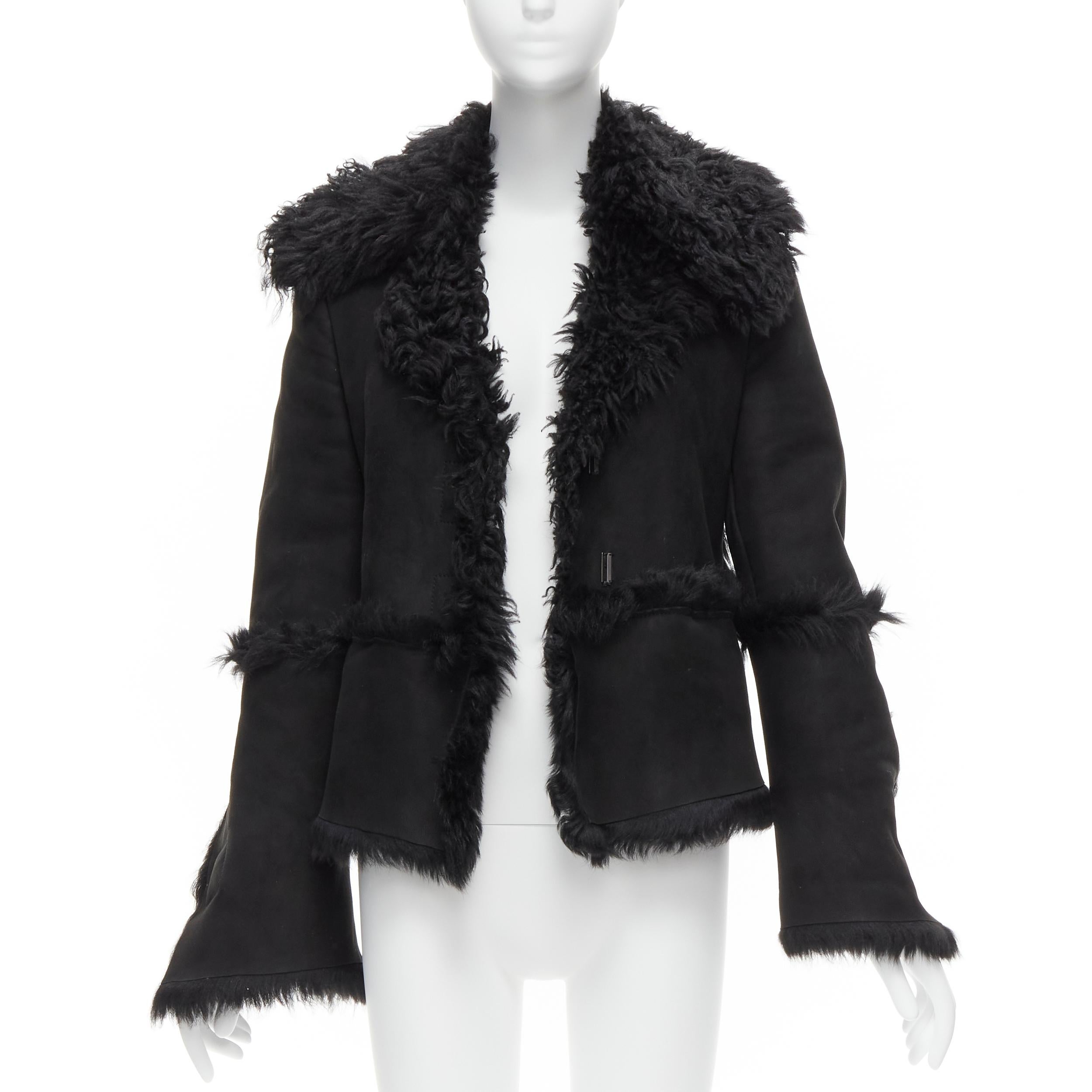 Black GUCCI Tom Ford Vintage black shearling fur suede flared sleeve coat IT38 XS