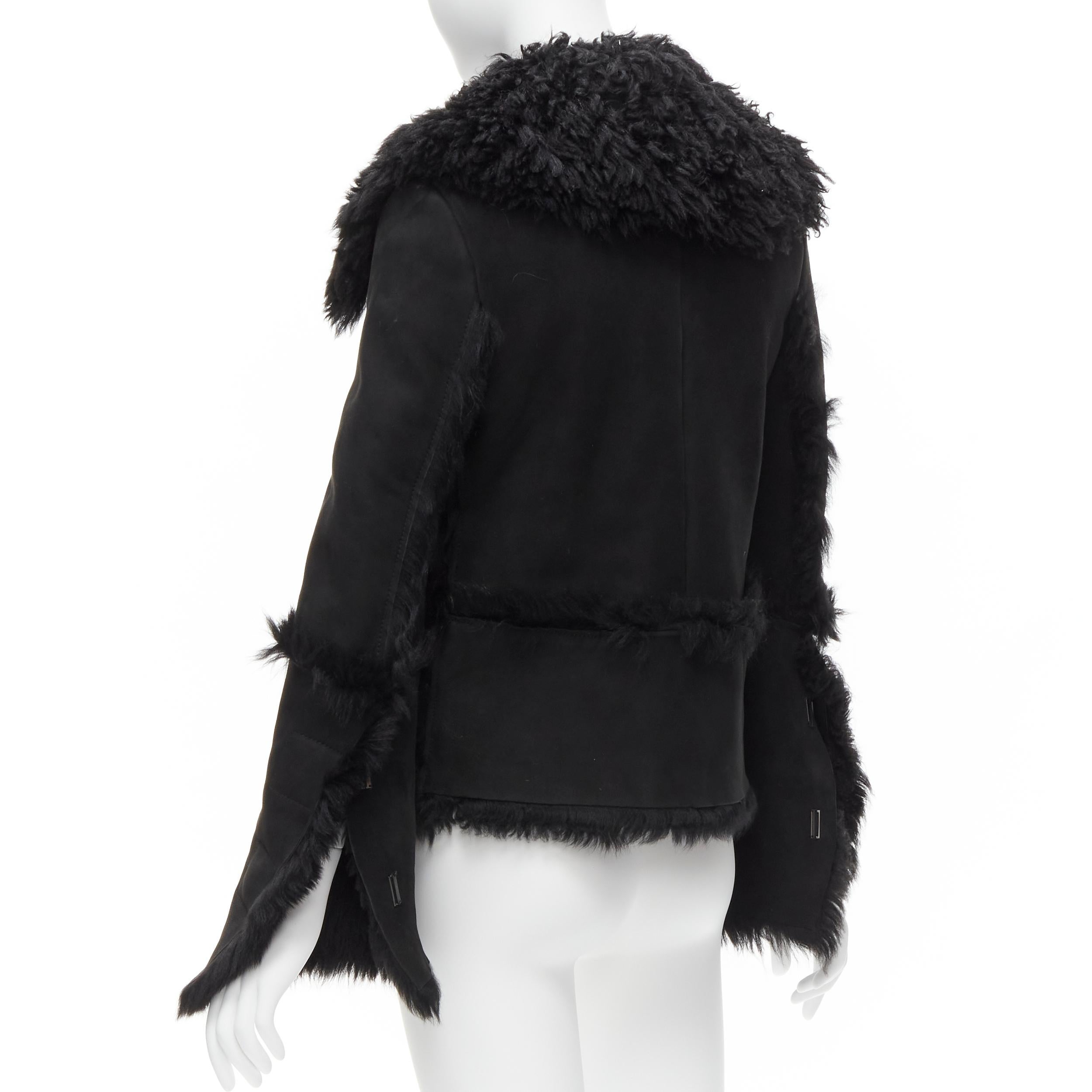 GUCCI Tom Ford Vintage black shearling fur suede flared sleeve coat IT38 XS 2
