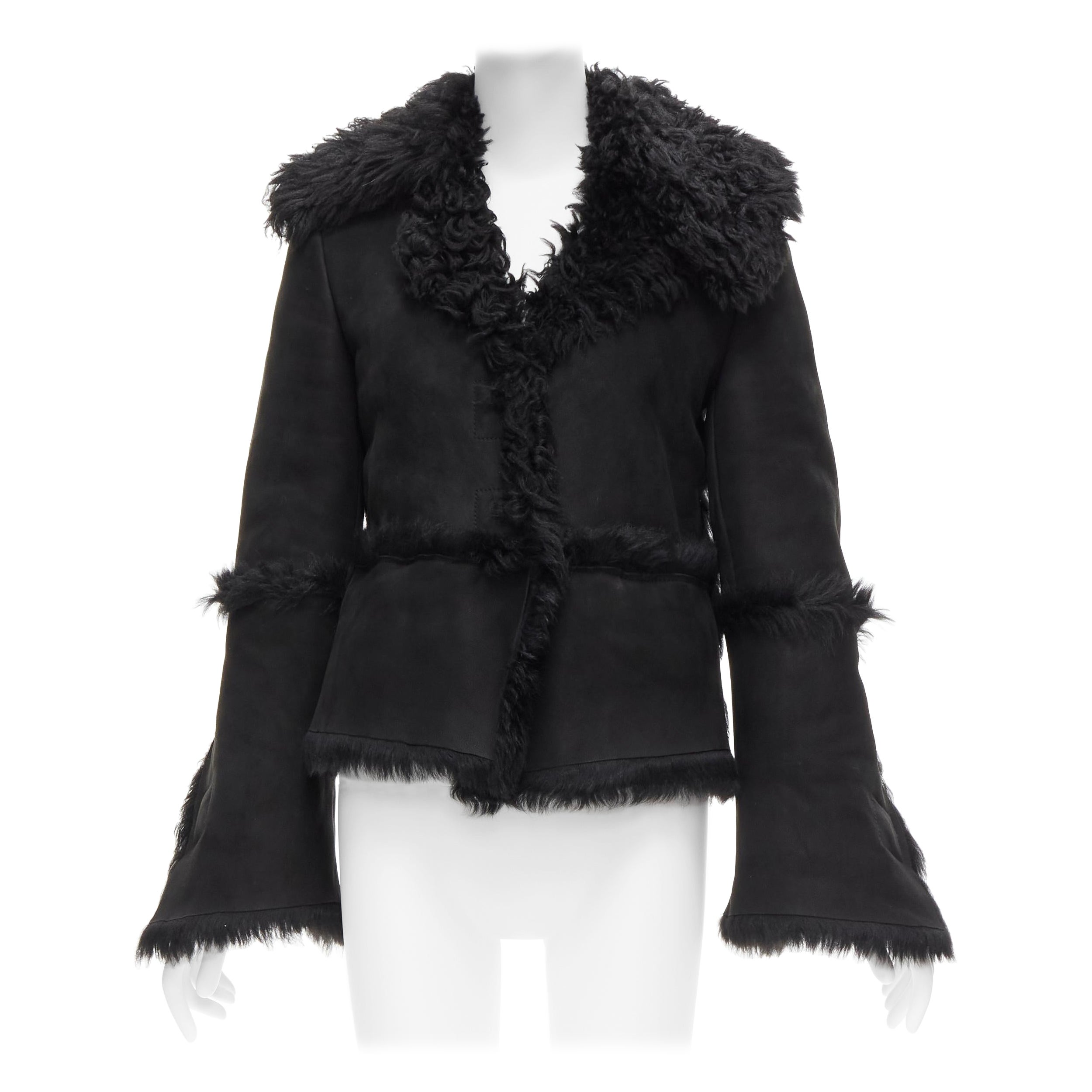 GUCCI Tom Ford Vintage black shearling fur suede flared sleeve coat IT38 XS