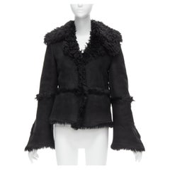 GUCCI Tom Ford Vintage black shearling fur suede flared sleeve coat IT38 XS