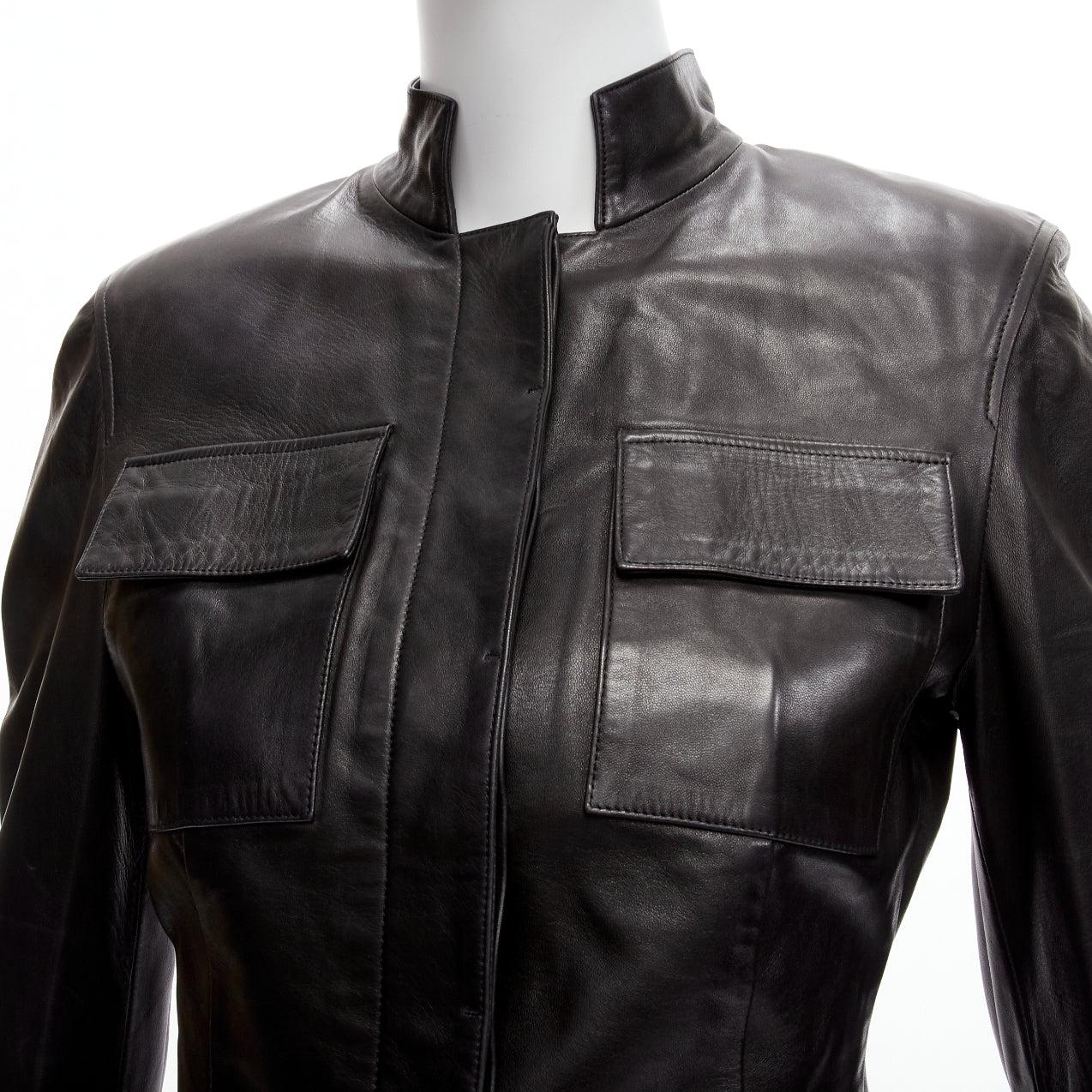 GUCCI Tom Ford Vintage black soft leather utility flap pockets fitted jacket IT38 XS
Reference: PYCN/A00096
Brand: Gucci
Designer: Tom Ford
Material: Leather
Color: Black
Pattern: Solid
Closure: Button
Lining: Black Silk
Extra Details: Shoulder
