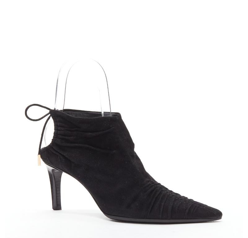 Black GUCCI Tom Ford Vintage black suede leather ruched toe tie back bootie EU36C