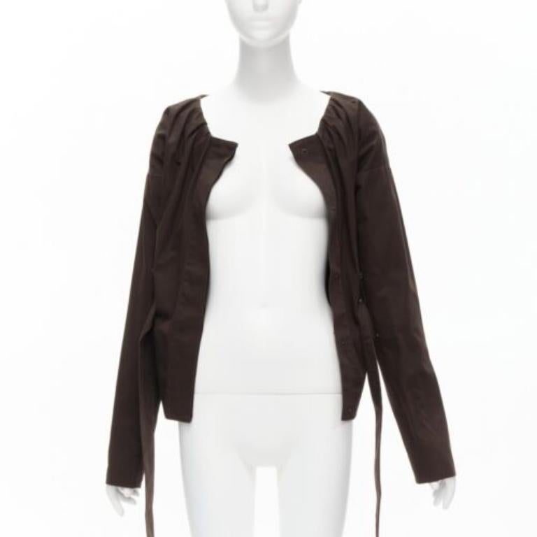 Black GUCCI Tom Ford Vintage brown cotton silk gathered pleat tie belt jacket IT36 XXS