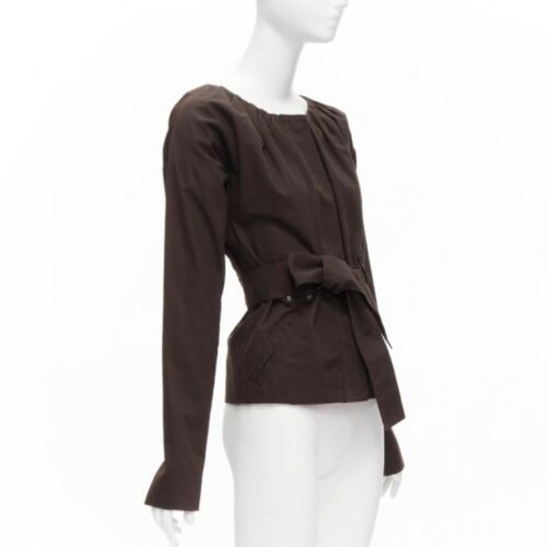 GUCCI Tom Ford Vintage brown cotton silk gathered pleat tie belt jacket IT36 XXS In Excellent Condition In Hong Kong, NT