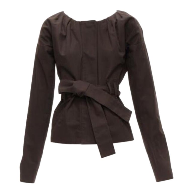 GUCCI Tom Ford Vintage brown cotton silk gathered pleat tie belt jacket IT36 XXS