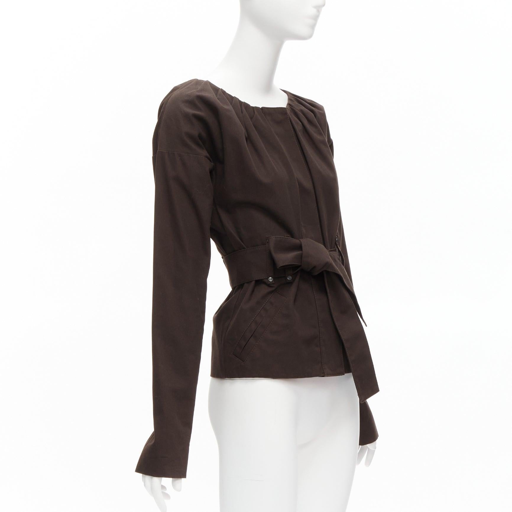 Women's GUCCI Tom Ford Vintage dark Brown cotton silk gathered pleat tie belt jacket For Sale