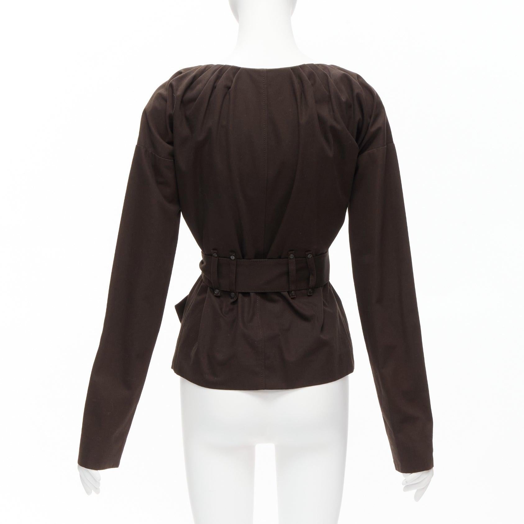 GUCCI Tom Ford Vintage dark Brown cotton silk gathered pleat tie belt jacket For Sale 2