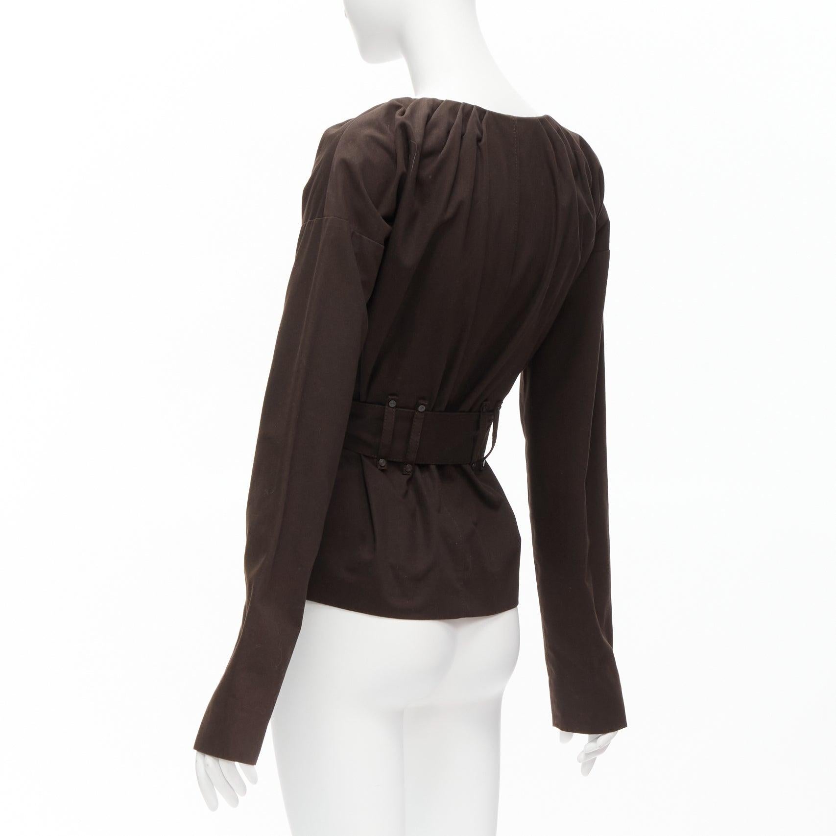 GUCCI Tom Ford Vintage dark Brown cotton silk gathered pleat tie belt jacket For Sale 3