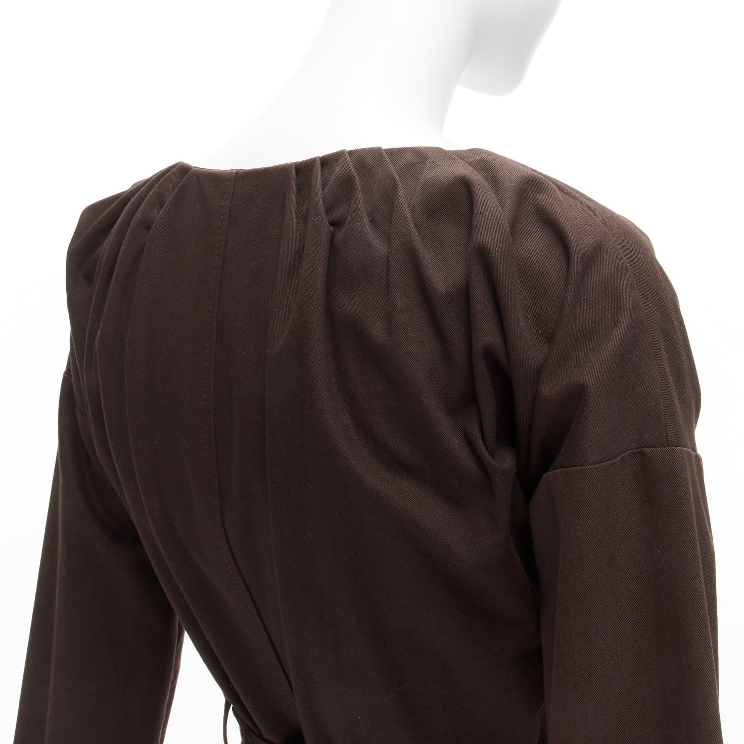 GUCCI Tom Ford Vintage dark Brown cotton silk gathered pleat tie belt jacket For Sale 4