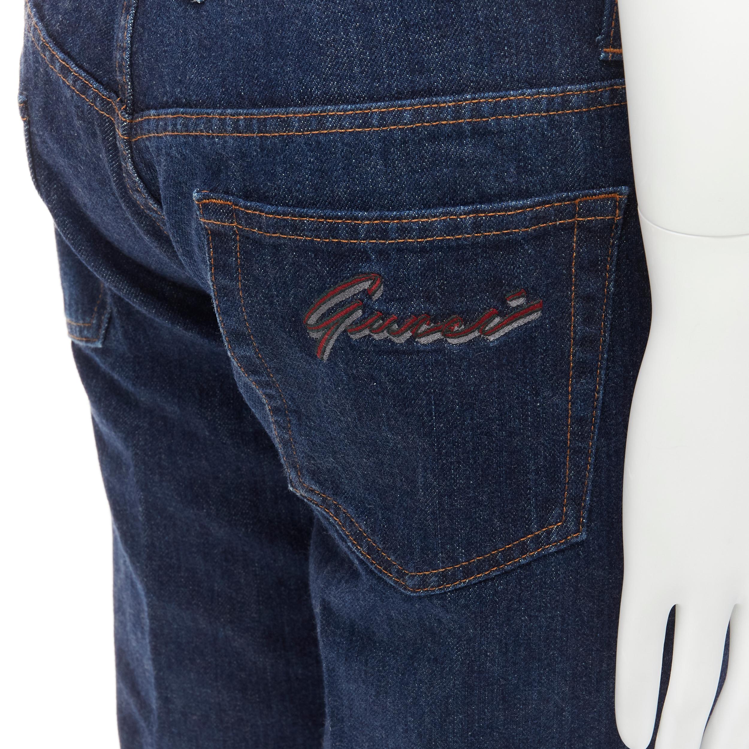 GUCCI Tom Ford Vintage GG Cursive logo embroidered blue jeans IT48 M
Reference: KELE/A00021
Brand: Gucci
Designer: Tom Ford
Material: Denim
Color: Blue
Pattern: Solid
Closure: Zip Fly
Extra Details: GUCCI cursive logo at right back pocket.
Made in: