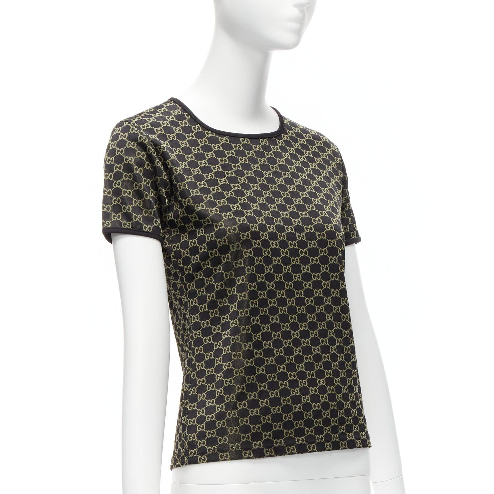 Black GUCCI TOM FORD Vintage gold black GG monogram logo crew neck ringer top For Sale