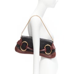 Gucci Tom Ford Vintage Horsebit cuir écaillé noir boucle dorée chaîne d'épaule