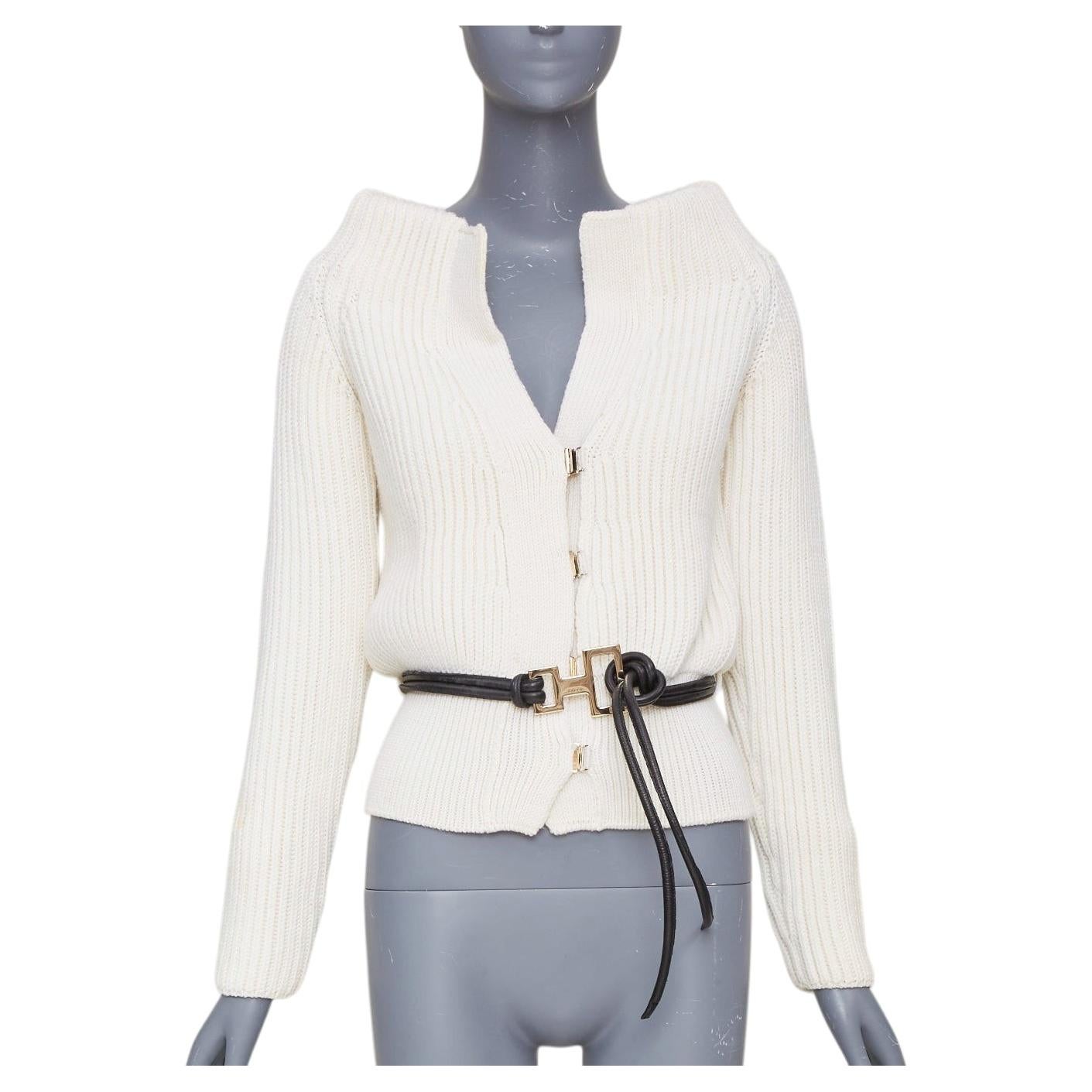 Pre-owned Gucci Tom Ford Vintage Ribbed Toggle Gold Hardware Leather Belt Cardigan Top S In Gray