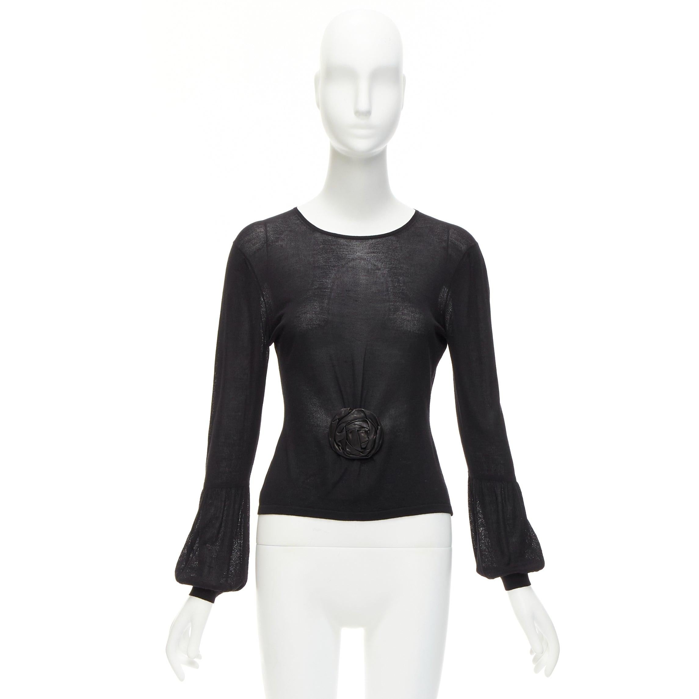 GUCCI Tom ford Vintage Runway black leather rosette puff sleeve sweater For Sale 5
