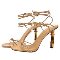 Gucci Tom Ford Vintage SS 2002 Beige Bamboo Lace Up High Heel Sandals 9