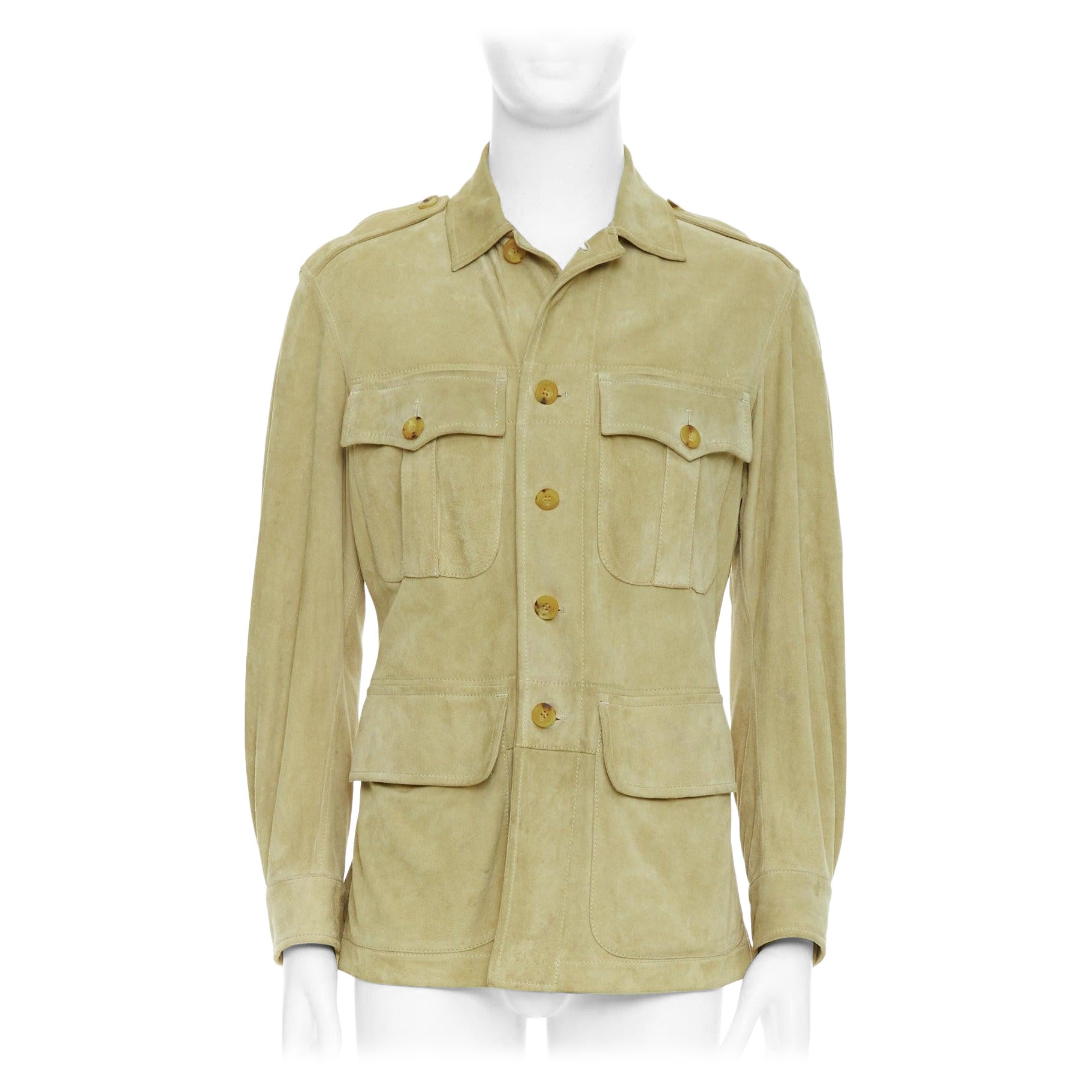 GUCCI Tom Ford Vintage Wildleder Horn Knopfleiste Safari Jacke IT46 S