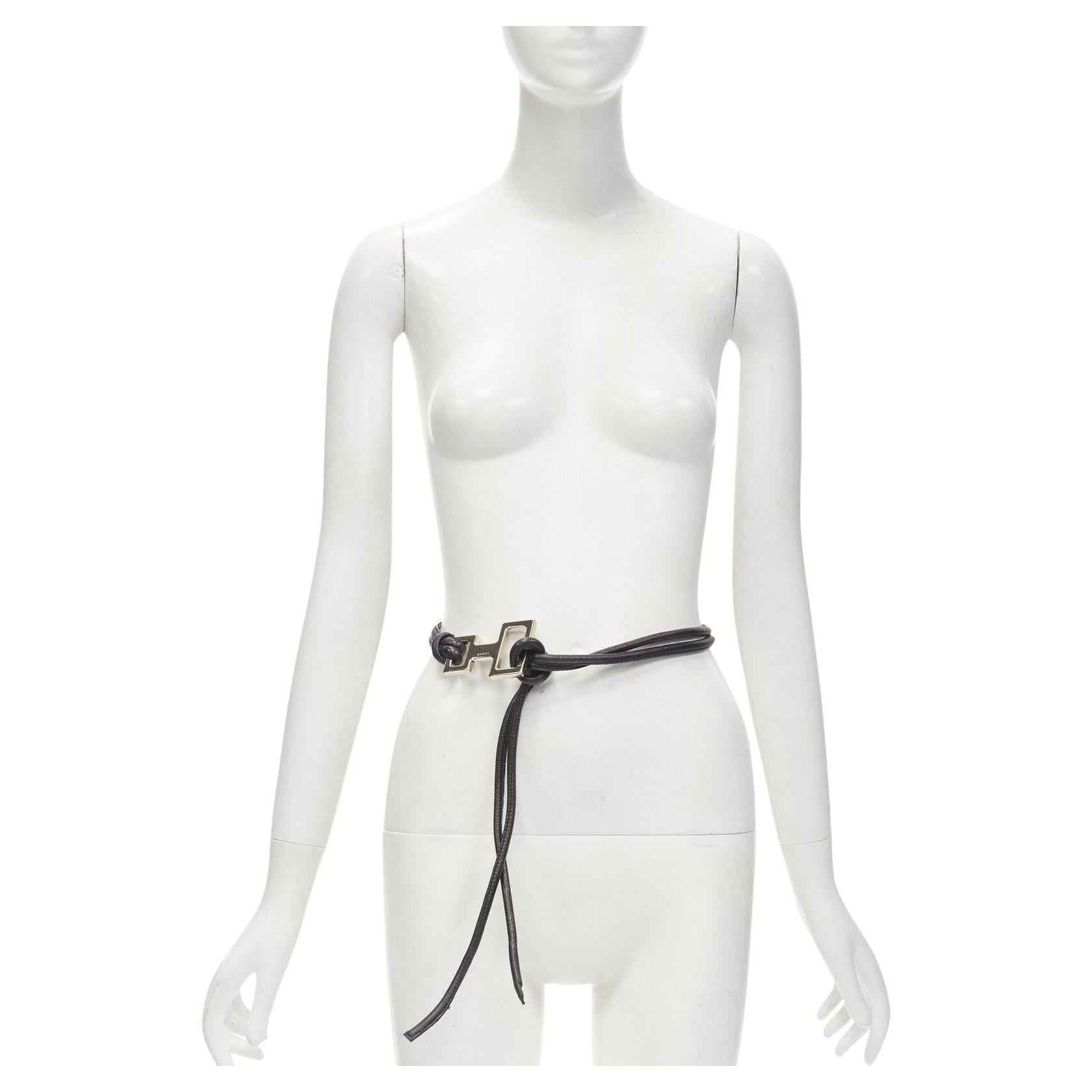GUCCI Tom Ford Vintage Y2K gold GG square loop black leather cord self tie belt For Sale