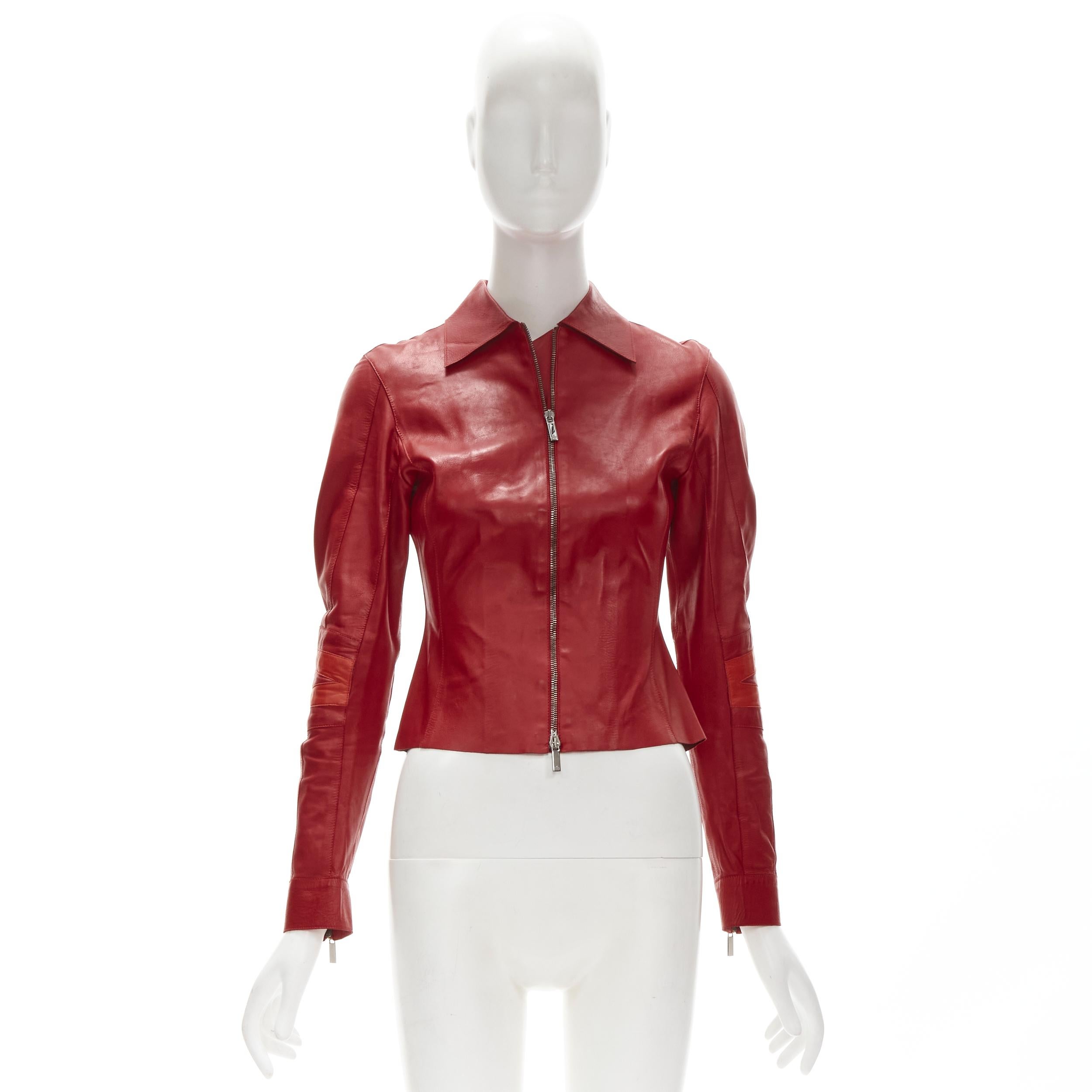 GUCCI TOM FORD Vintage Y2K red minimalist moto sleeves leather jacket IT38 XS For Sale 4