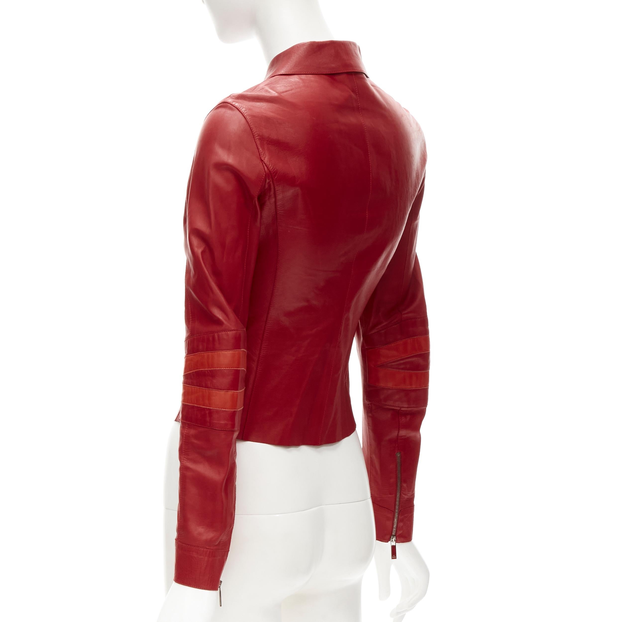 Women's GUCCI TOM FORD Vintage Y2K red minimalist moto sleeves leather jacket IT38 XS For Sale